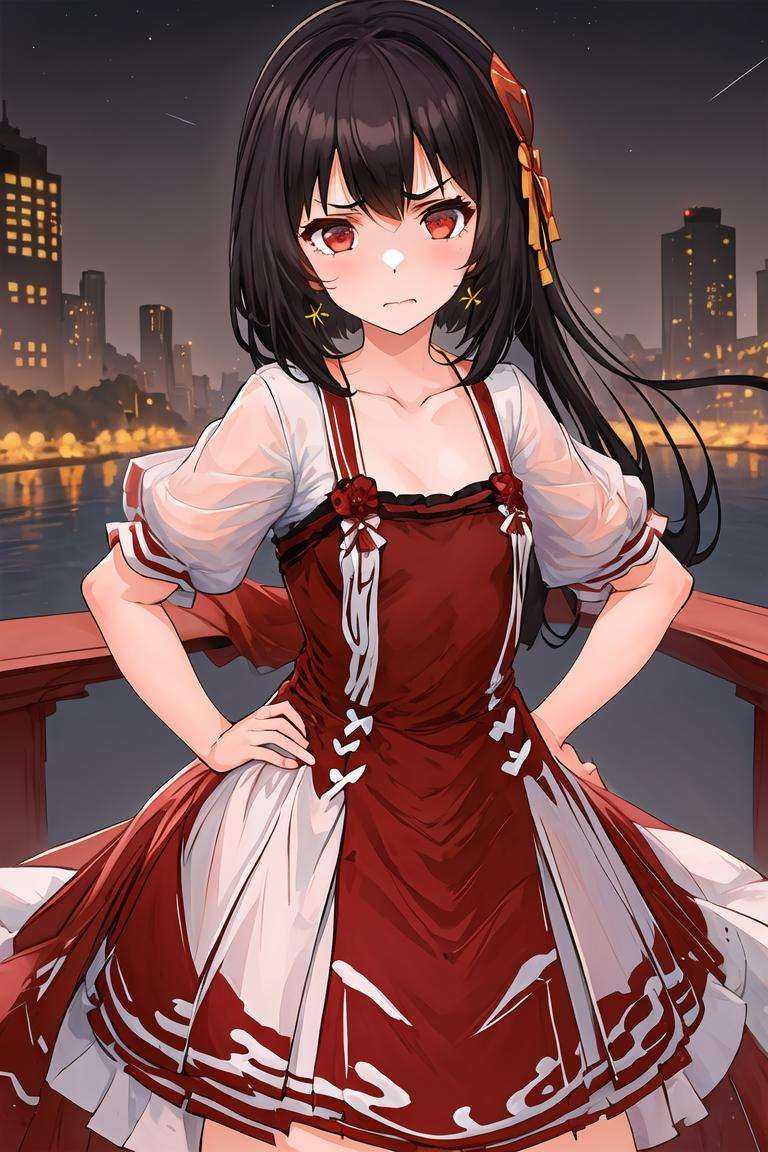 yousa,1girl,, masterpiece, best quality,city, starry sky,night, dress, red eyes,(angry:1.2), hands on hips