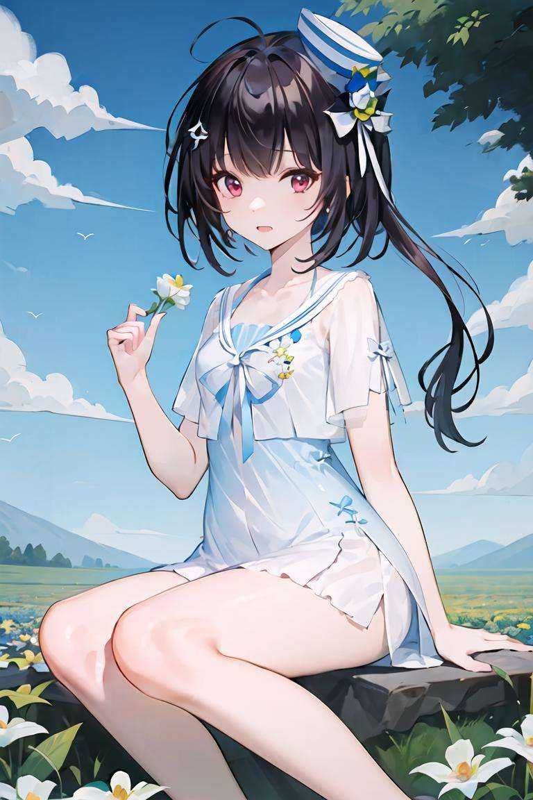 yousa,1girl,, masterpiece, best quality, (flower field:1.1), blue sky, sitting, hat, 