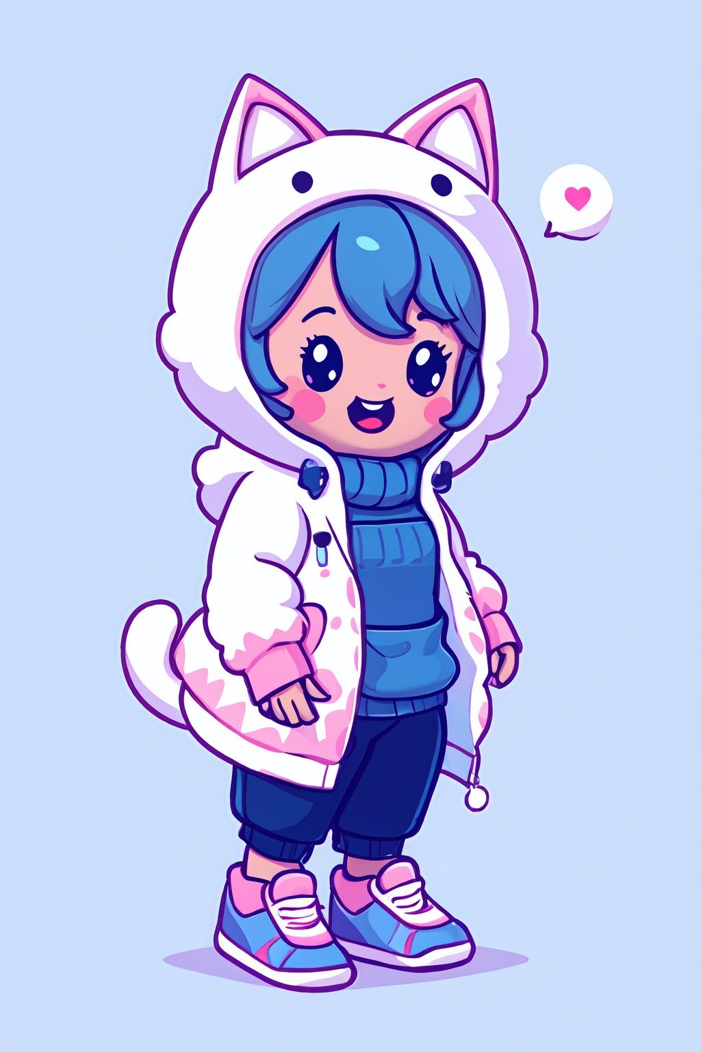 style of Cathleen McAllister, a cute cat, on clouds, cold colors, simple background, artstation, USA, sticker, cutestickers,cutestickers