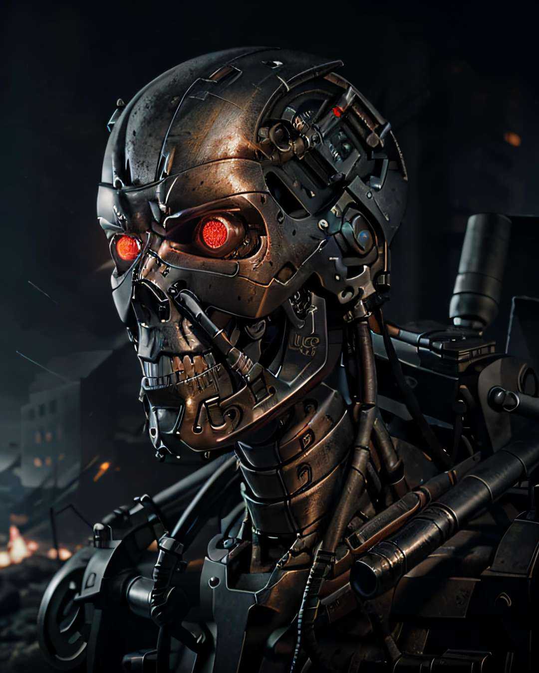 ((A full body terminator cyborg in future city)). ,  ,  a high resolution photo of a t-800 with intricate details on Tenso...