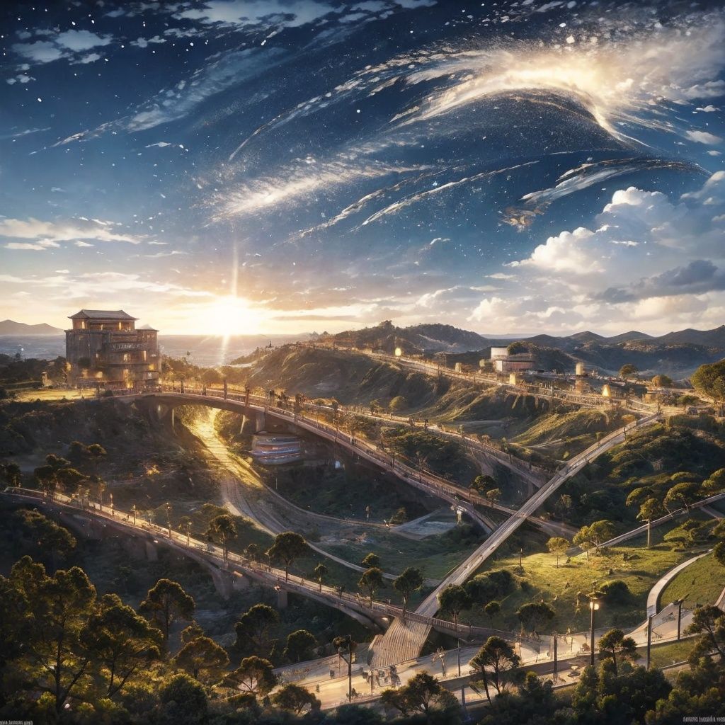 disorder space,tree structure,east_asian_architecture,bright fireworks in the sky,cloud,scenery,sky,ocean,mountain,sunset,water,light_rays,caustics