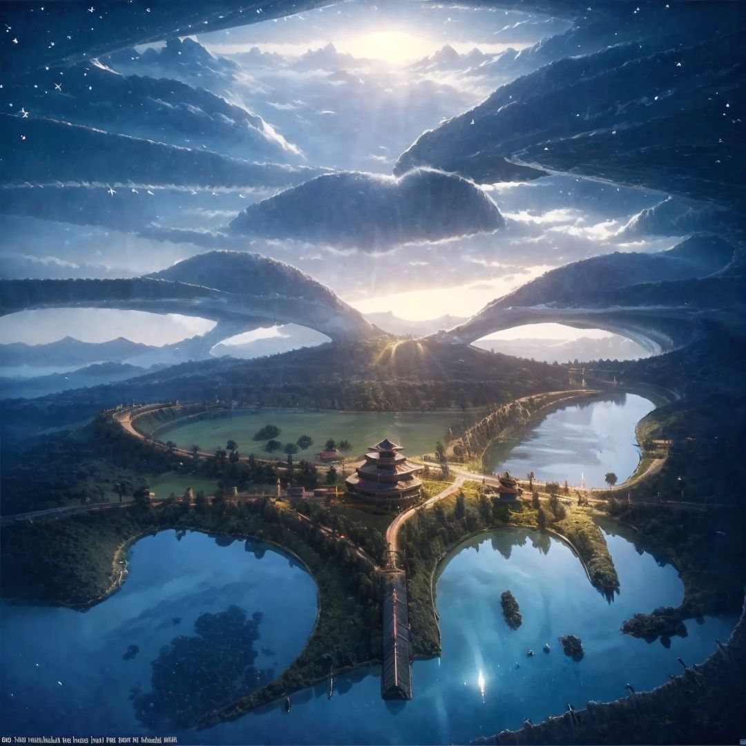 disorder space,east_asian_architecture,bright fireworks in the sky,cloud,scenery,sky,ocean,mountain,sunset,water,light_rays,caustics