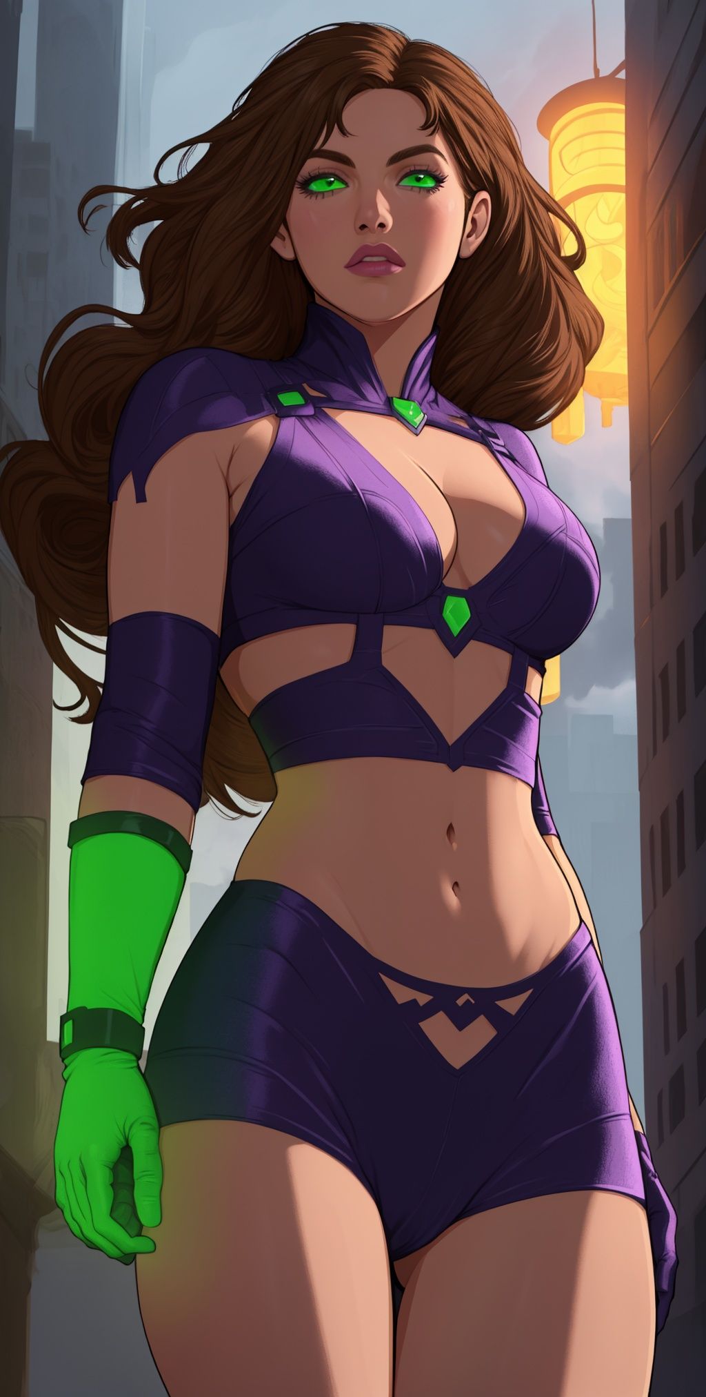 Starfire, long brown hair, gr | image created by | Tensor.Art