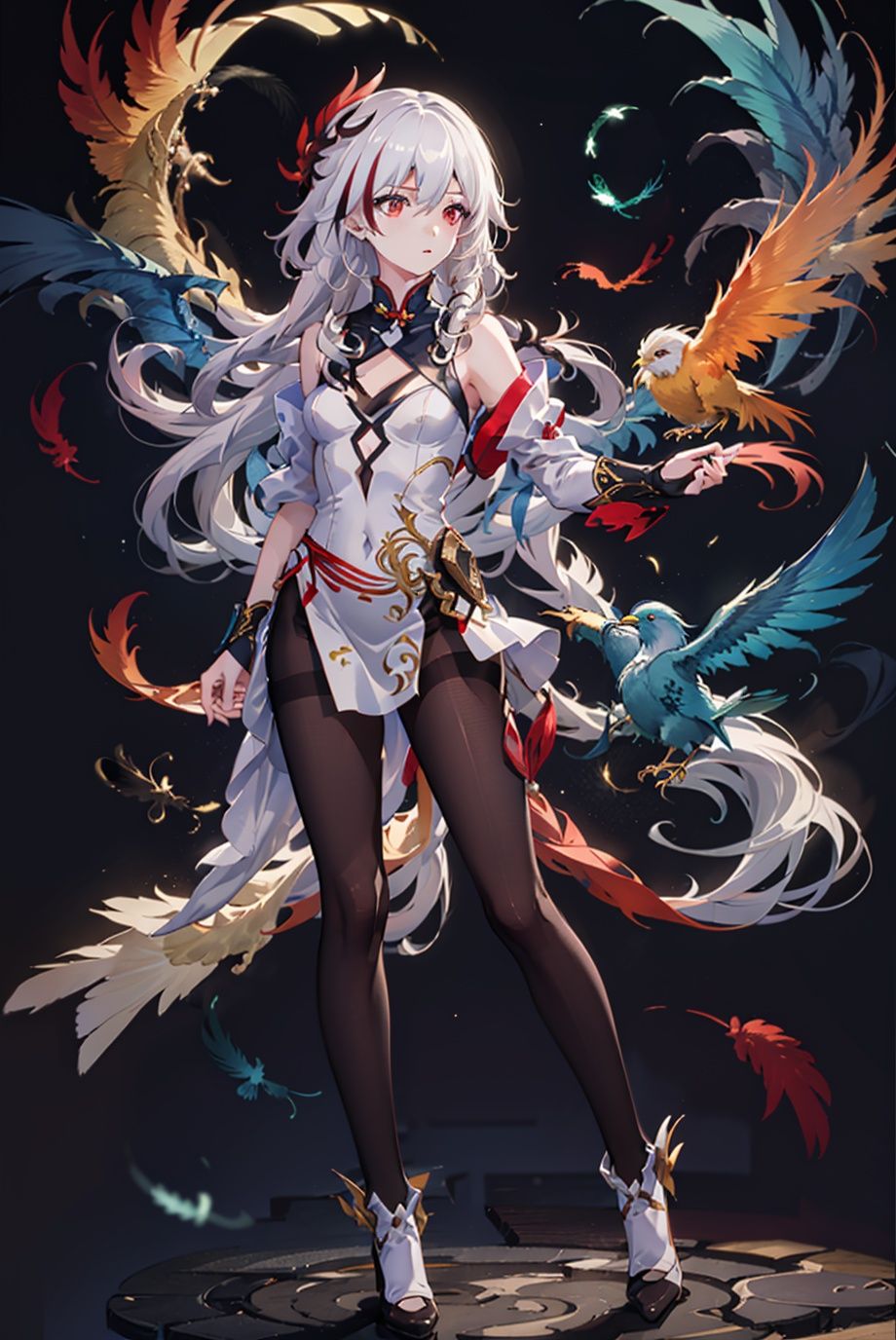 fuhua,1girl,long hair,solo,bird,white hair,dress,looking at viewer,breasts,pantyhose,small breasts,white dress,bangs,bare shoulders,black pantyhose,china dress,sleeveless,red footwear,multicolored hair,feathers,<lora:符华第三炉013:0.8>,