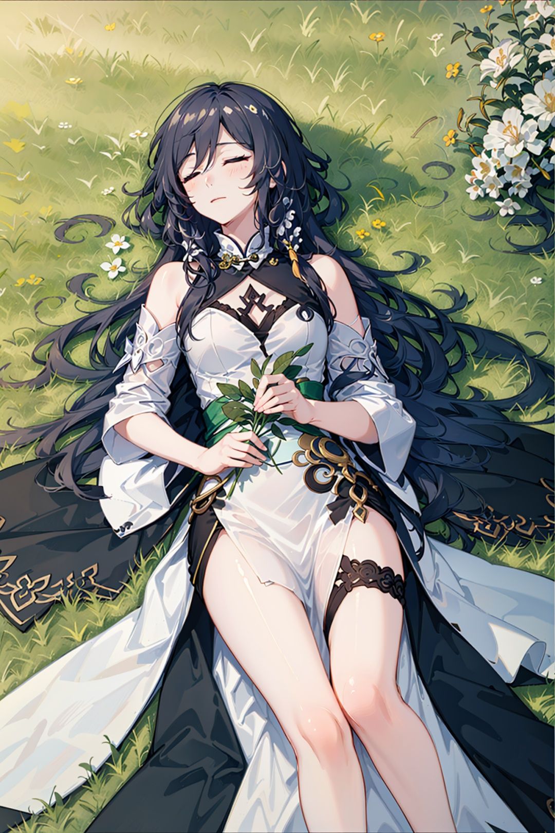 fuhua,1girl,on back,long hair,lying,solo,flower,chinese clothes,closed eyes,closed mouth,dress,holding flower,grass,bare shoulders,holding,china dress,black hair,bangs,outdoors,white dress,sleeping,<lora:符华第三炉013:0.8>,