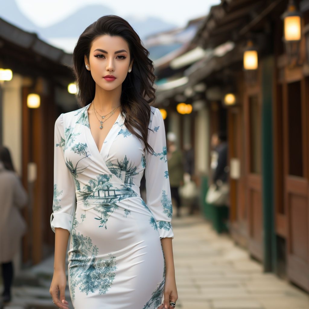 1girl,jewelry,necklace,realistic,black hair,brown eyes,dress,long hair,solo focus,looking at viewer,lips,blurry,breasts,blurry background,outdoors,white dress,<lora:qipao:0.8>,