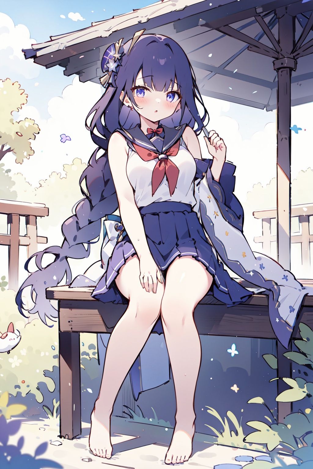 
a 22 yo girl, small breasts, anatomically correct, 1girl,long purple hair,one braid, messy hair,masterpiece, best quality,raiden shogun,(school uniform,skirt,sleeveless),shy,peaceful,outdoors,feet focus,full_body,:t,sitting,barefoot,look up

