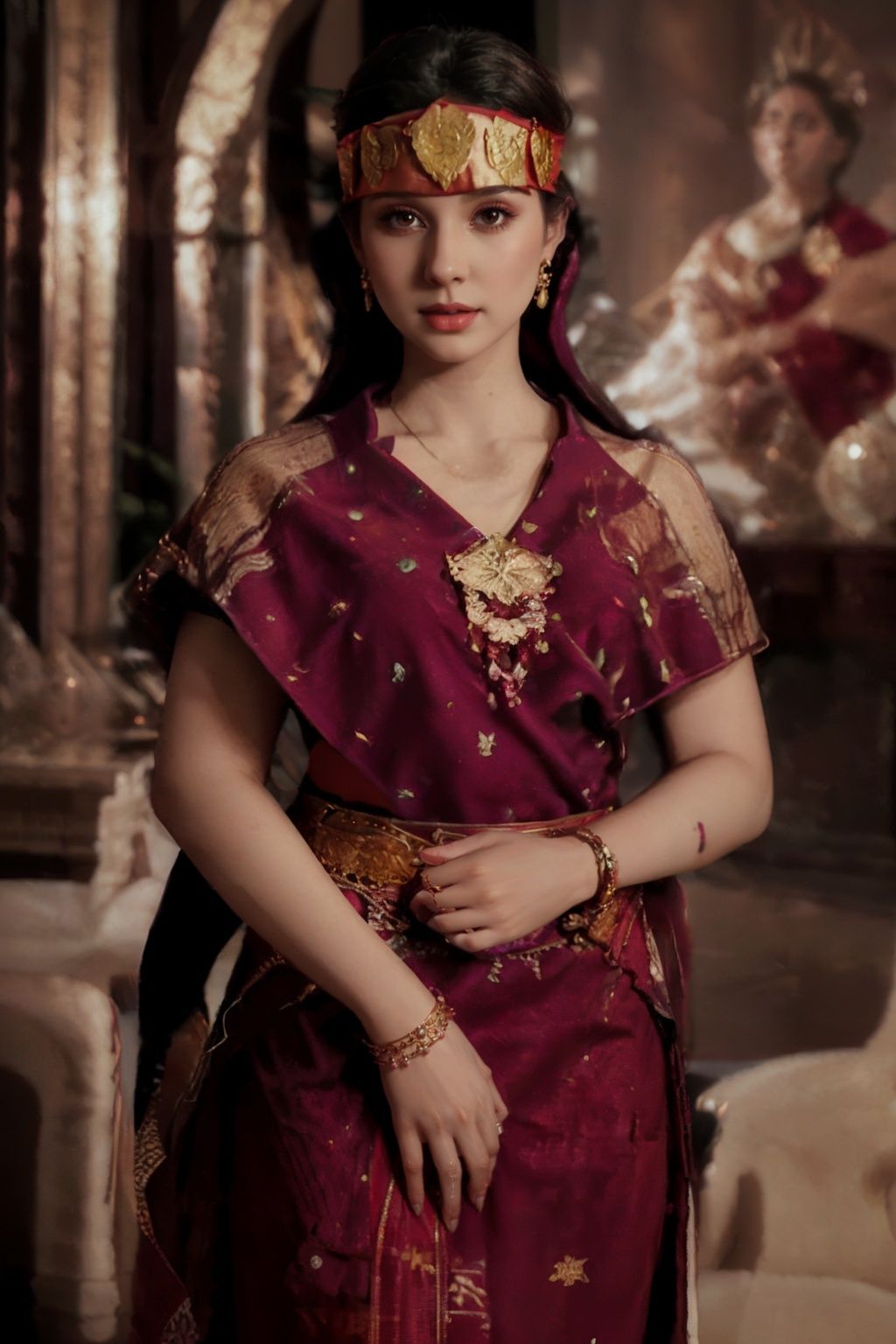 cinematic photo ethereal fantasy concept art of m3d4n,solo,full body photo of the most beautiful woman in the world wearing the m3d4n,necklace, jewelry,dress, red fabric, earrings, bracelet, ring, headband, <lora:med4n-04:1> . magnificent, celestial, ethereal, painterly, epic, majestic, magical, fantasy art, cover art, dreamy . 35mm photograph, film, bokeh, professional, 4k, highly detailed