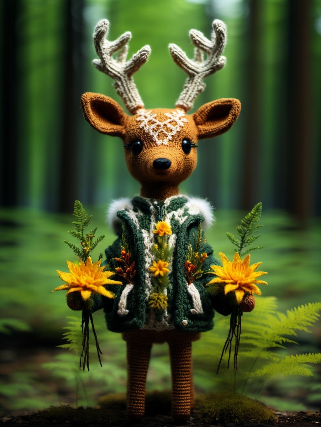 BJ_Sewing_doll,deer,solo,holding,standing,jacket,flower,outdoors,blurry,no_humans,blurry_background,plant,furry,yellow_flower,holding_flower,antlers,Best quality,masterpiece,<lora:SDXL_Sewing_doll:0.7>,