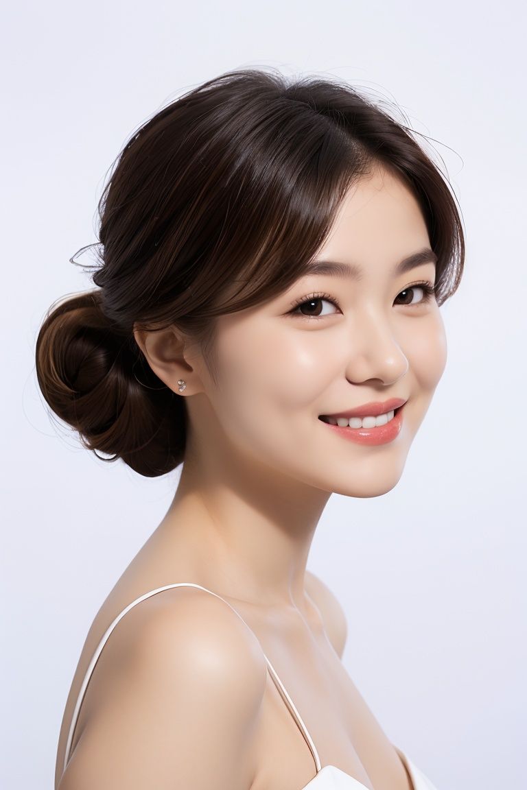 1girl,solo,realistic,front,updo,smiling,white background,<lora:7:0.6>,