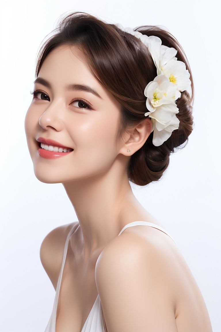 beauty, 1girl,front,updo,realistic,white background,Smiling, <lora:7:0.7>