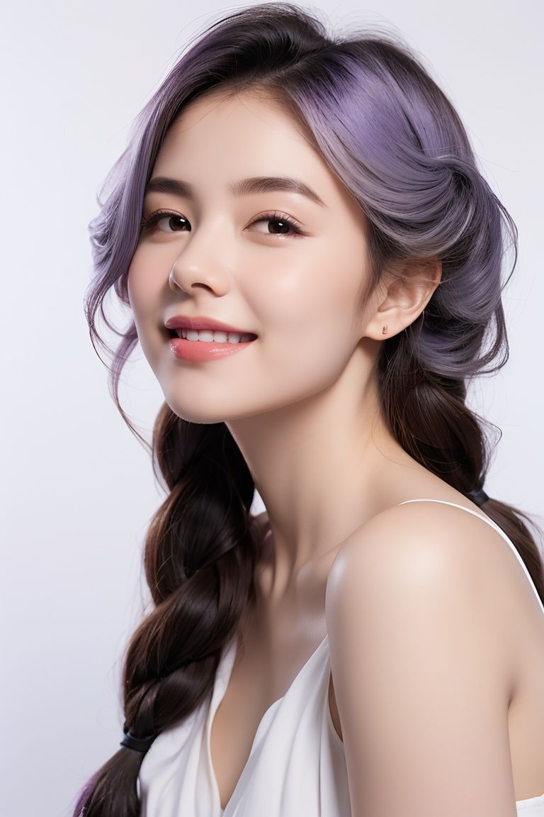 1girl,solo,realistic,front,long hair,smiling,white background,<lora:7:0.6>,braided,lavender hair,