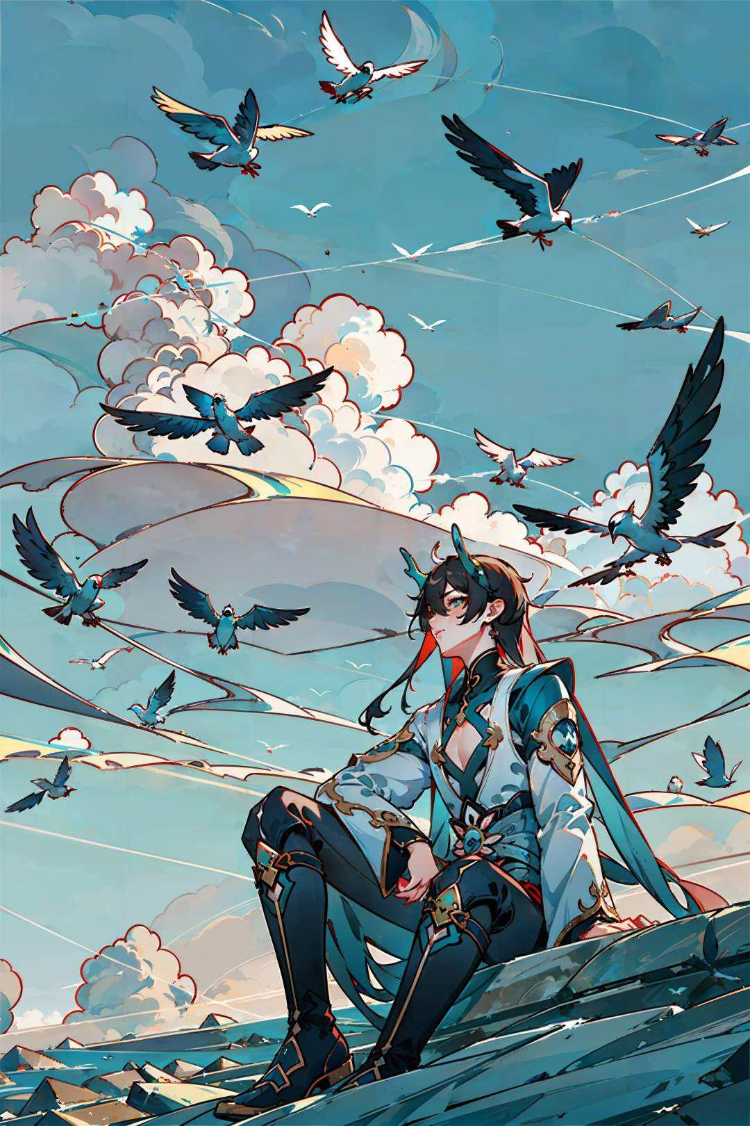 <lora:bengtie_yinyuejun_v2.0-000009_0.8:0.8>,yinyuejun\(character\),mountaintop,(cloudy:1.5),sit on a stone,do it cross-legged,overlooking,clouds,sky sideways,mountain,mist,birds,flock swallows,
