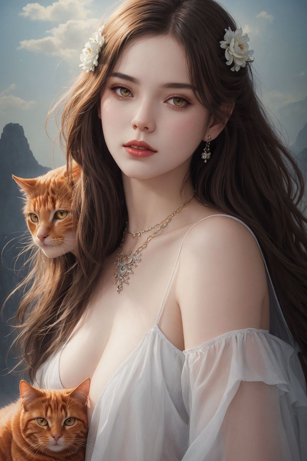 oil painting of a woman hugan an orange cat,  lying,  detailed painting inspired by Charlie Bowater on Tensor.Art