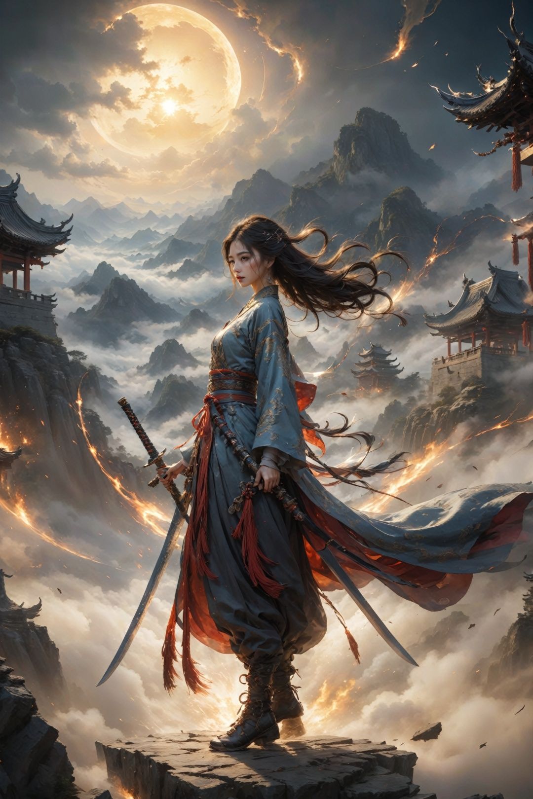 Ancient China,  Wuxia World,  Thousands of Swords,  Flying Sword,  Black through the Hole,  surrounded by mist,  vast panorama,  Unreal light and shadow,  wide Angle lens,  captured at dusk,  cinematic texture,  Unreal Engine 4,  8K Ultra HD,  clear and bright image quality,  amazing fantasy immortal scenes,  ink painting style,  highly refined,  dynamic expression,  clear lines,  cinematic texture,  Cold atmosphere,  vivid,  render high octane,  extremely fine, wujie, wanjianguizong, jianjue, 11, amazing6, <lora:EMS-28487-EMS:0.300000>, , <lora:EMS-15739-EMS:0.300000>, , <lora:EMS-33527-EMS:0.800000>, , <lora:EMS-25400-EMS:0.600000>, , <lora:EMS-31804-EMS:0.400000>, , <lora:EMS-16074-EMS:0.200000>
