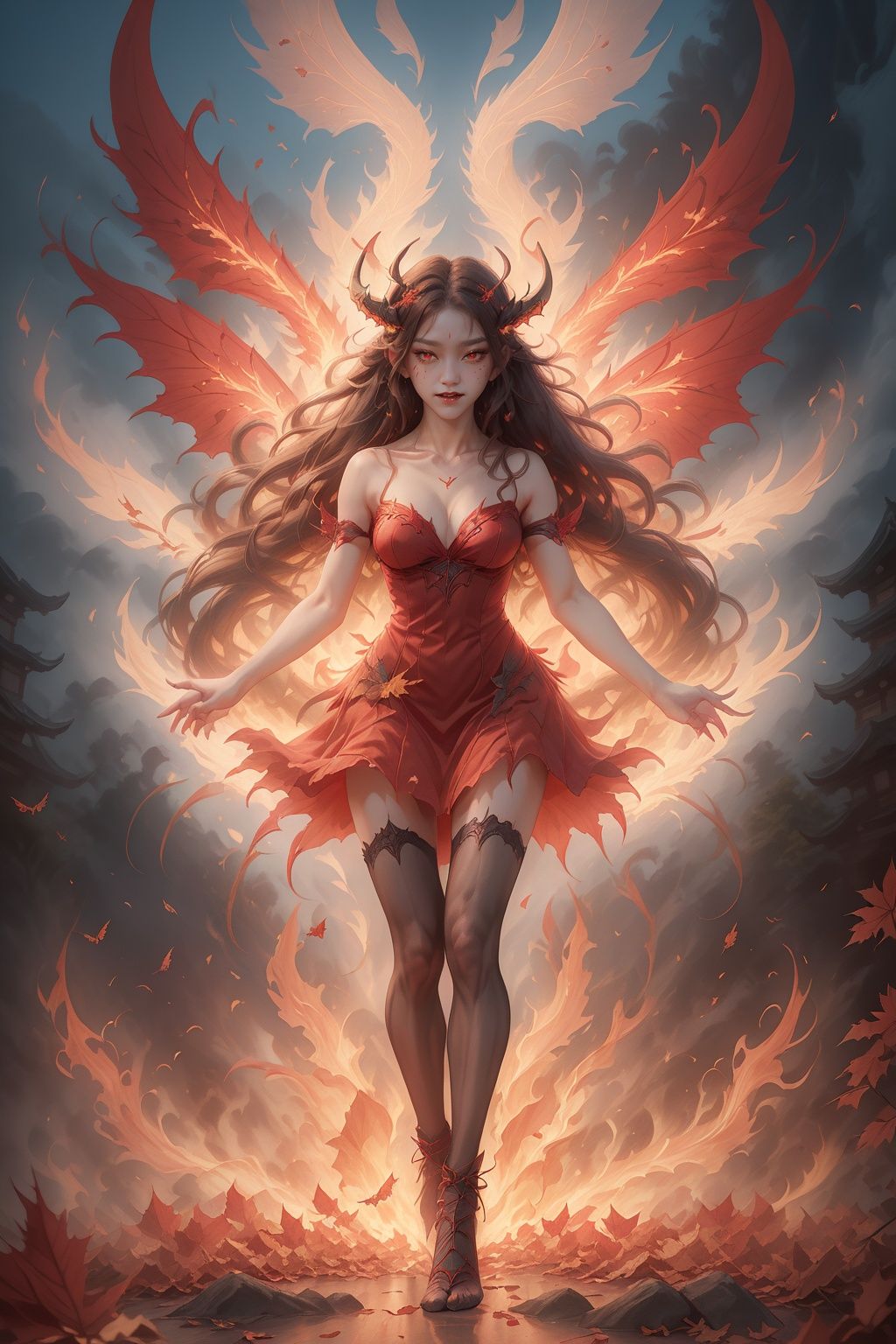 Hyperrealistic art, BJ_Sacred_beast,  A girl is dancing, solo, long_hair, bare shoulders, red_dress, skirt, (((wings, red_wings))), (full shot), looking_at_viewer, ,  horns, fire, teeth,  day,  no_humans,  smoke, Autumn,  maple leaves, cinematic lighting, strong contrast, high level of detail, Best quality, masterpiece,  Extremely high-resolution details,  photographic,  realism pushed to extreme,  fine texture,  incredibly lifelike,  xxmix_girl,  BJ_Blue_butterfly,  halloween style, <lora:EMS-57022-EMS:0.700000>, , <lora:EMS-15505-EMS:0.700000>, , <lora:EMS-33527-EMS:0.800000>, , <lora:EMS-59373-EMS:0.800000>