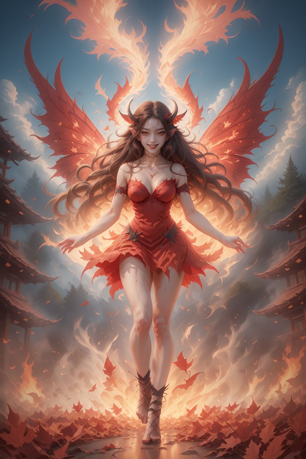 Hyperrealistic art, BJ_Sacred_beast,  A girl is dancing, solo, long_hair, bare shoulders, red_dress, skirt, (((wings, red_wings))), (full shot), looking_at_viewer, ,  horns, fire, teeth,  day,  no_humans,  smoke, Autumn,  maple leaves, cinematic lighting, strong contrast, high level of detail, Best quality, masterpiece,  Extremely high-resolution details,  photographic,  realism pushed to extreme,  fine texture,  incredibly lifelike,  xxmix_girl,  BJ_Blue_butterfly,  halloween style, <lora:EMS-57022-EMS:0.700000>, , <lora:EMS-15505-EMS:0.700000>, , <lora:EMS-33527-EMS:0.800000>, , <lora:EMS-59373-EMS:0.800000>