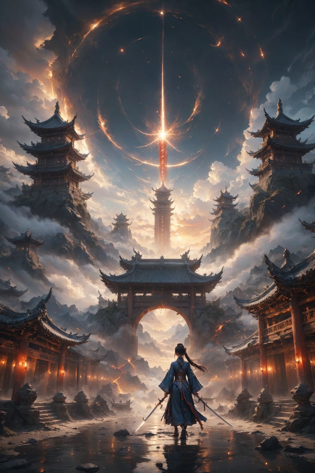 Ancient China,  Wuxia World,  Thousands of Swords,  Flying Sword,  Black through the Hole,  surrounded by mist,  vast panorama,  Unreal light and shadow,  wide Angle lens,  captured at dusk,  cinematic texture,  Unreal Engine 4,  8K Ultra HD,  clear and bright image quality,  amazing fantasy immortal scenes,  ink painting style,  highly refined,  dynamic expression,  clear lines,  cinematic texture,  Cold atmosphere,  vivid,  render high octane,  extremely fine, wujie, wanjianguizong, jianjue, 11, amazing6, <lora:EMS-28487-EMS:0.300000>, , <lora:EMS-15739-EMS:0.300000>, , <lora:EMS-33527-EMS:0.800000>, , <lora:EMS-25400-EMS:0.600000>, , <lora:EMS-31804-EMS:0.400000>, , <lora:EMS-16074-EMS:0.200000>