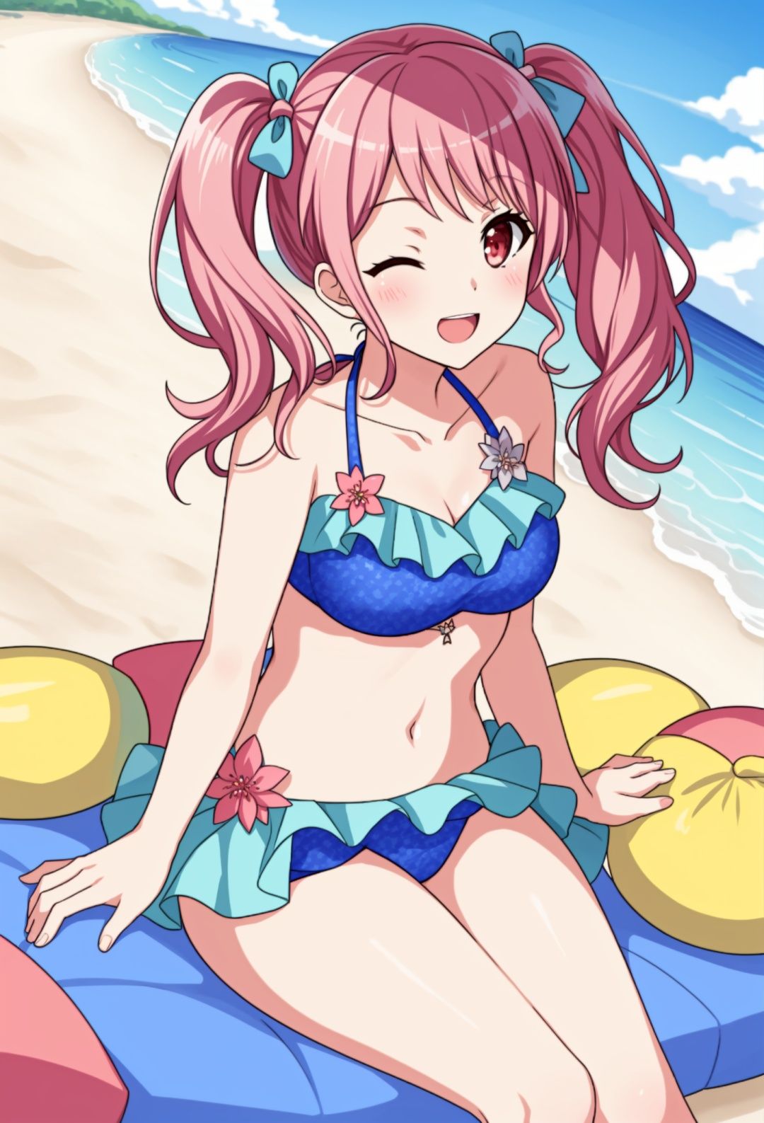 beach，twintails，masterpiece, best quality, bikini,sitting