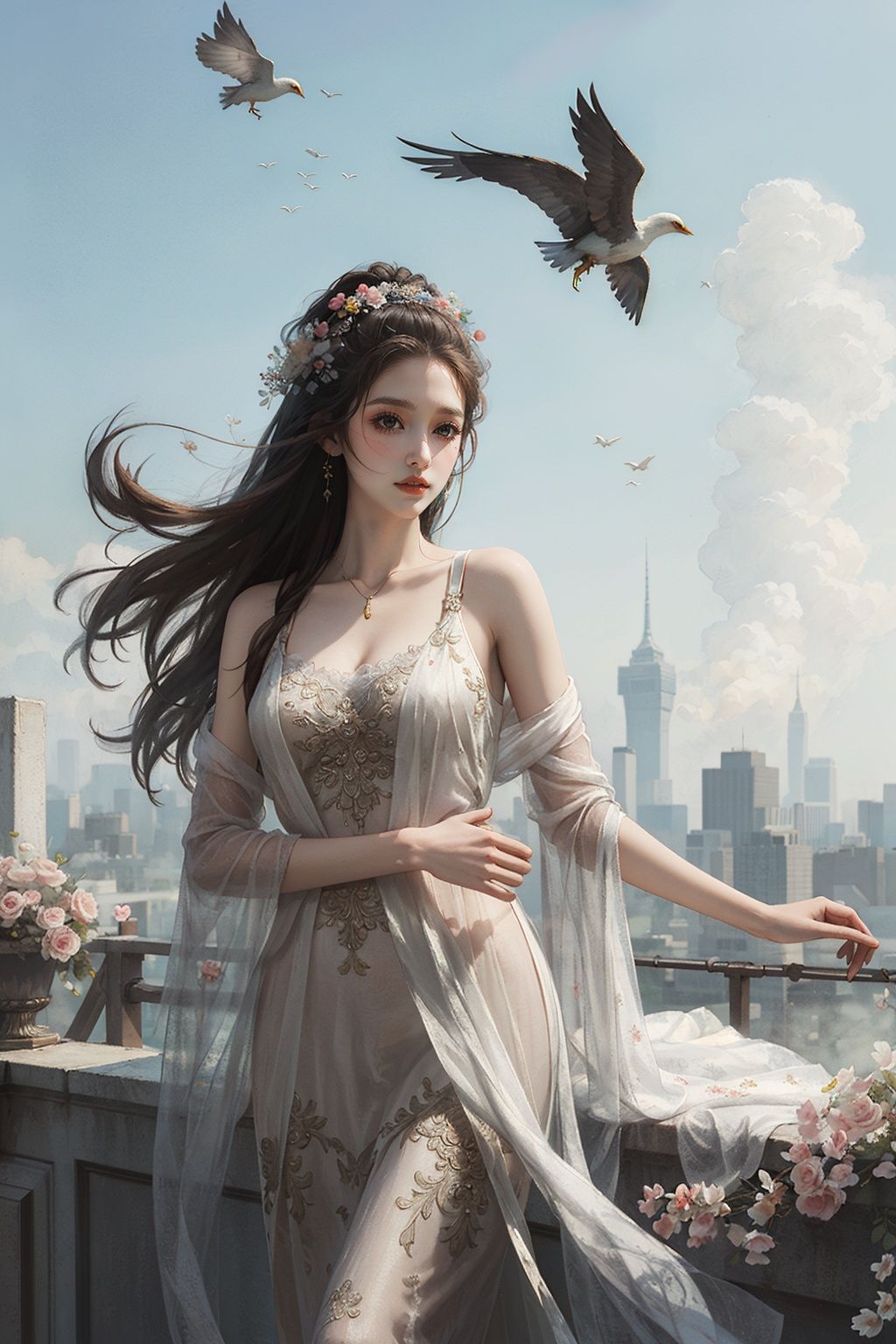 ,(((masterpiece,best quality))),((good structure,Good composition,good atomy)), ((clear, original,beautiful)),1girl,long hair,qingsha,white theme,flowers,robe,Flowers flying in the air,outdoors,