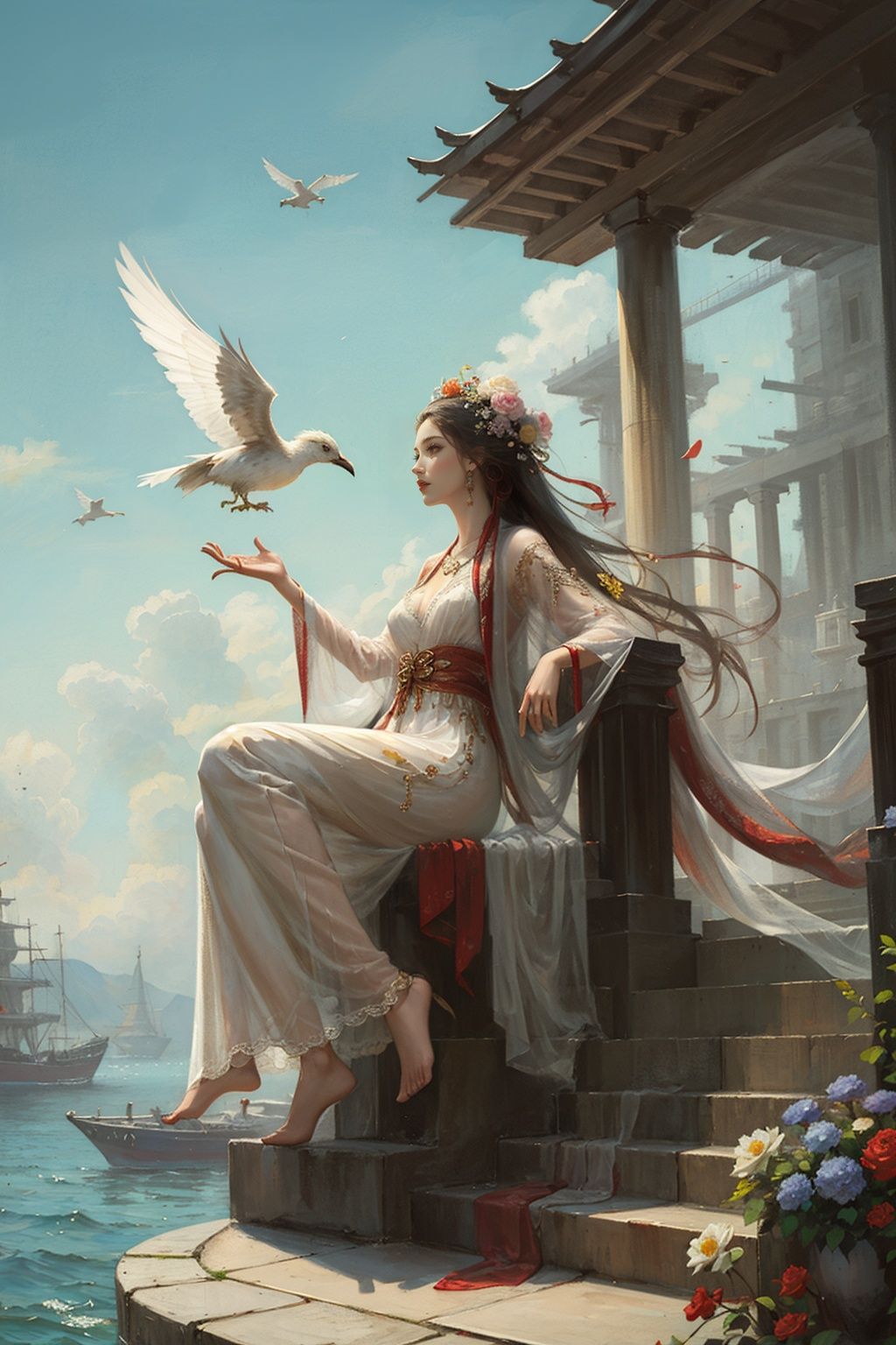 ,(((masterpiece,best quality))),((good structure,Good composition,good atomy)), ((clear, original,beautiful)),1girl,long hair,qingsha,white theme,flowers,robe,Flowers flying in the air,outdoors,