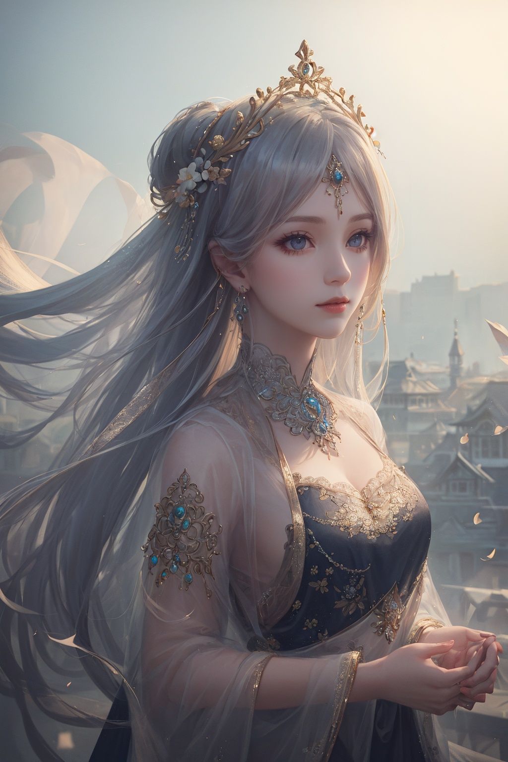 (((masterpiece,best quality))),((good structure)),((Good composition)), ((clear, original,beautiful)), (clear details, clear light,clear structure),(high res raw,4K,8k),official art,((ultra high res,photorealistic,realistic,best quality,photo-realistic)), ( raw photo, best quality, masterpiece),(photon mapping, radiosity, physically-based rendering,automatic white balance), 1girl,long hair,jewely,white theme,qingsha,
