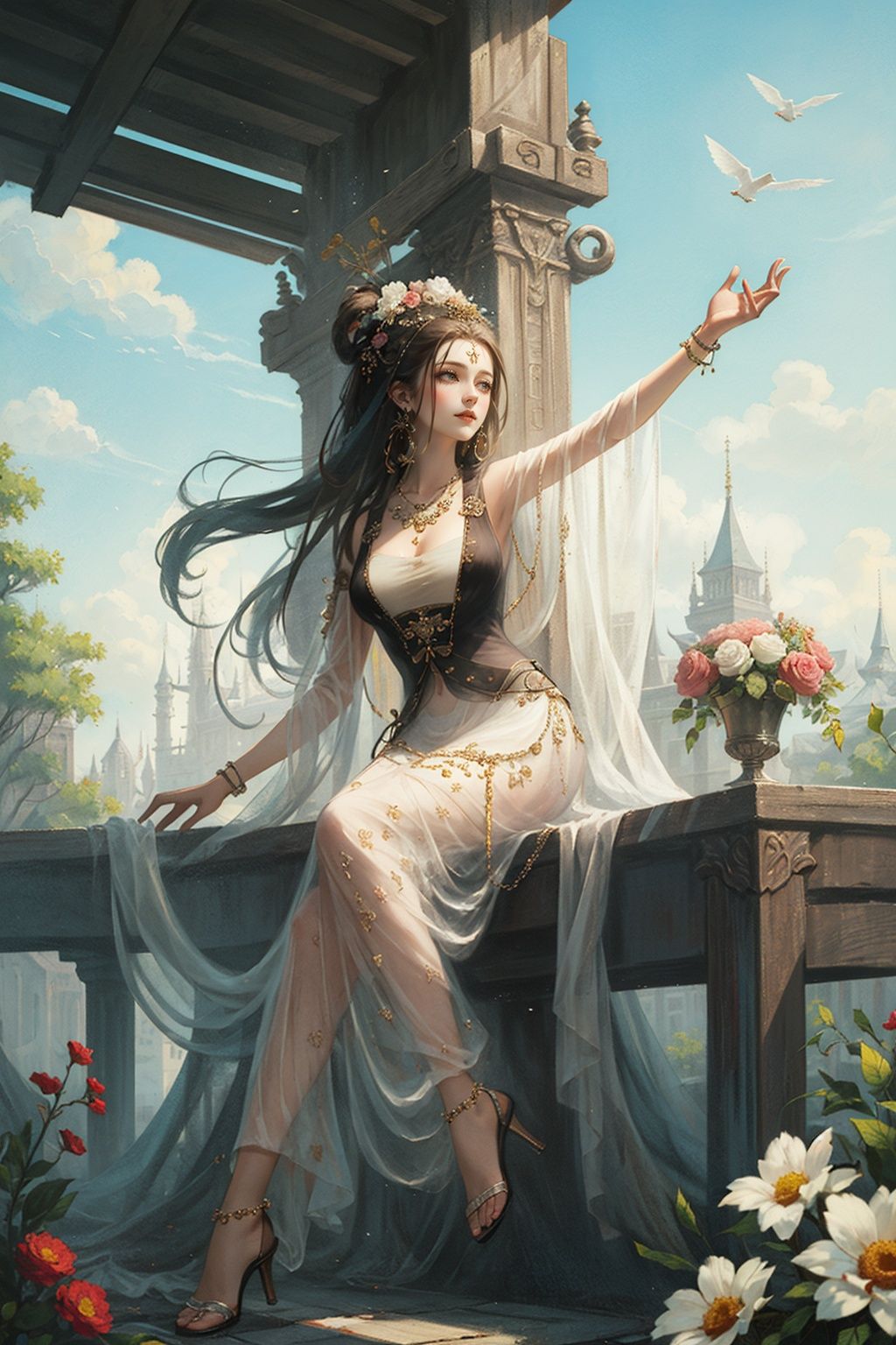 ,(((masterpiece,best quality))),((good structure,Good composition,good atomy)), ((clear, original,beautiful)),1girl,long hair,qingsha,white theme,flowers,robe,Flowers flying in the air,outdoors,