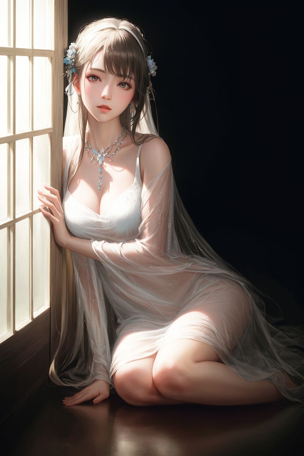 (((masterpiece,best quality))),((good structure)),((Good composition)), ((clear, original,beautiful)), (clear details, clear light,clear structure),(high res raw,4K,8k),official art,((ultra high res,photorealistic,realistic,best quality,photo-realistic)), ( raw photo, best quality, masterpiece),(photon mapping, radiosity, physically-based rendering,automatic white balance), 1girl,long hair,jewely,white theme,qingsha,