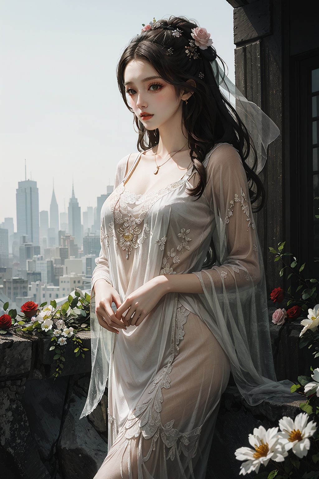 ,(((masterpiece,best quality))),((good structure,Good composition,good atomy)), ((clear, original,beautiful)),1girl,long hair,qingsha,white theme,flowers,outdoors,