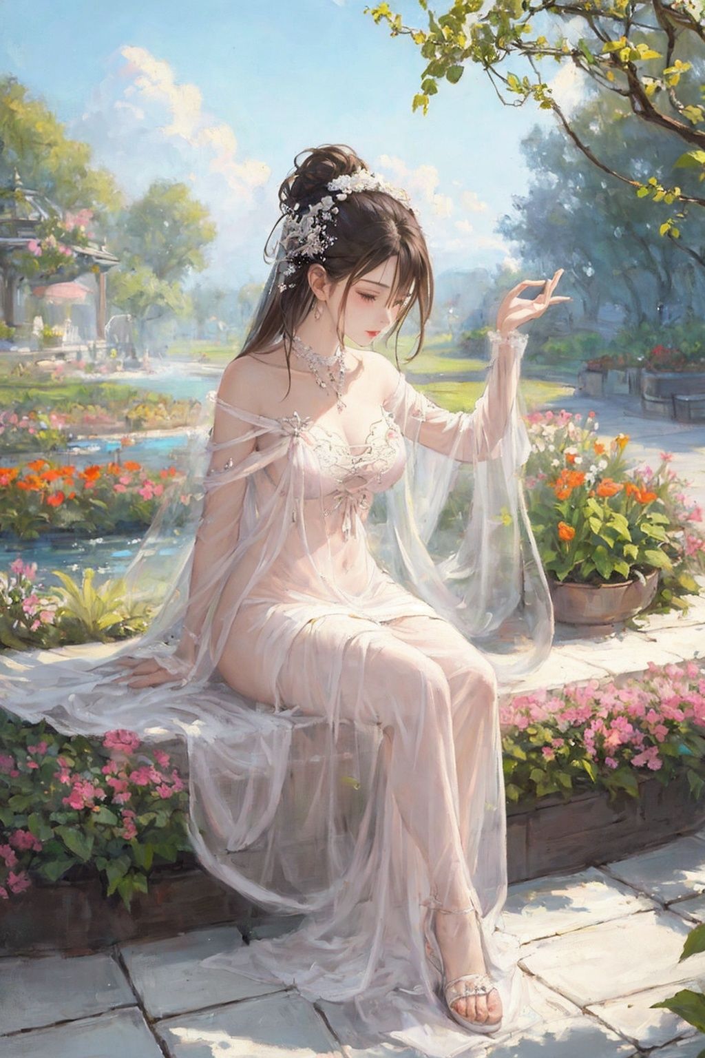 1girl,white pink theme, garden,<lora:qingsha_mix_46:1>,, (((masterpiece,best quality))),((good structure,Good composition,good atomy)), ((clear, original,beautiful)),