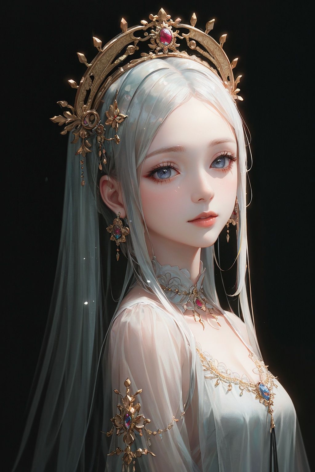 (((masterpiece,best quality))),((good structure)),((Good composition)), ((clear, original,beautiful)), (clear details, clear light,clear structure),(high res raw,4K,8k),official art,((ultra high res,photorealistic,realistic,best quality,photo-realistic)), ( raw photo, best quality, masterpiece),(photon mapping, radiosity, physically-based rendering,automatic white balance), 1girl,long hair,jewely,white theme,qingsha,