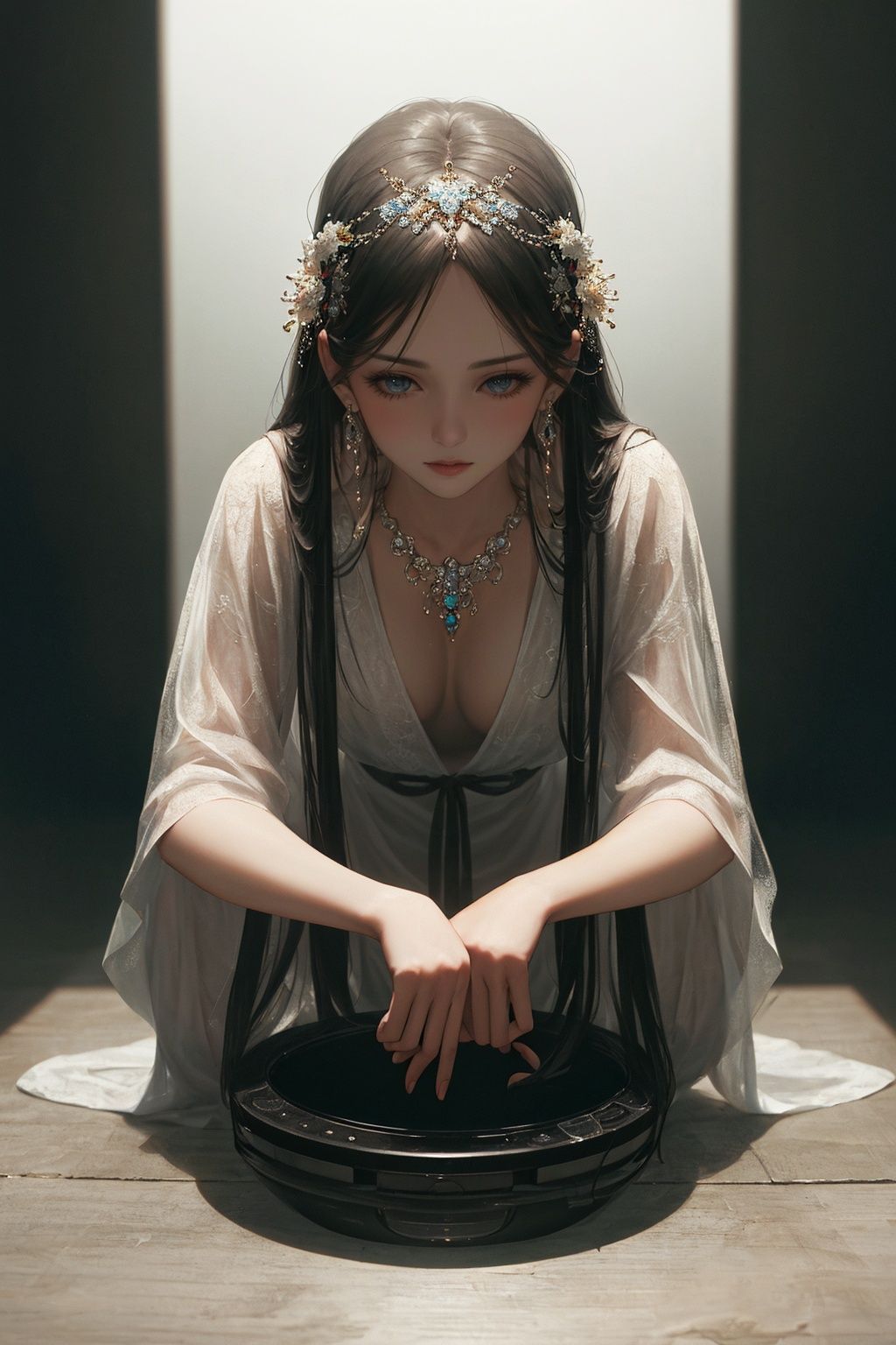 (((masterpiece,best quality))),((good structure)),((Good composition)), ((clear, original,beautiful)), (clear details, clear light,clear structure),(high res raw,4K,8k),official art,((ultra high res,photorealistic,realistic,best quality,photo-realistic)), ( raw photo, best quality, masterpiece),(photon mapping, radiosity, physically-based rendering,automatic white balance), 1girl,long hair,jewely,white theme,qingsha,