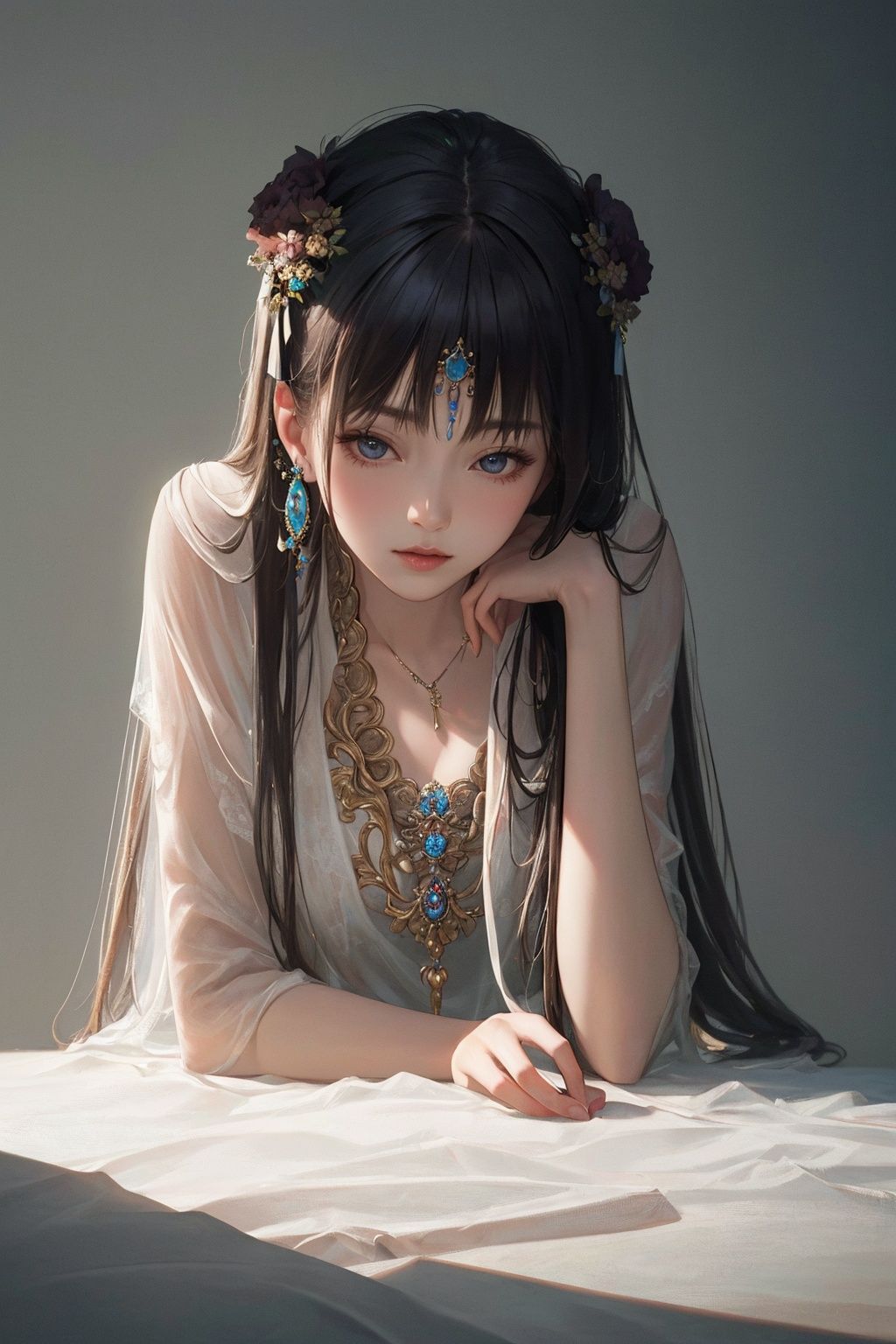 (((masterpiece,best quality))),((good structure)),((Good composition)), ((clear, original,beautiful)), (clear details, clear light,clear structure),(high res raw,4K,8k),official art,((ultra high res,photorealistic,realistic,best quality,photo-realistic)), ( raw photo, best quality, masterpiece),(photon mapping, radiosity, physically-based rendering,automatic white balance), 1girl,long hair,jewely,white theme,qingsha,