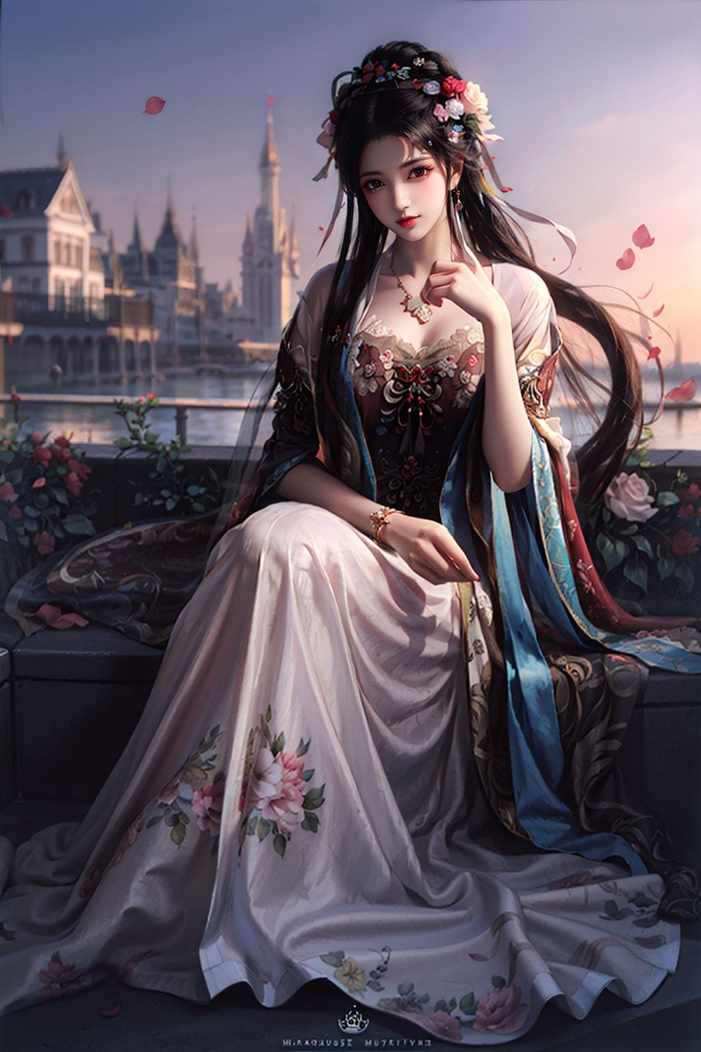 ,(((masterpiece,best quality))),((good structure,Good composition,good atomy)), ((clear, original,beautiful)),1girl,long hair,qingsha,white theme,flowers,robe,Flowers flying in the air,outdoors,