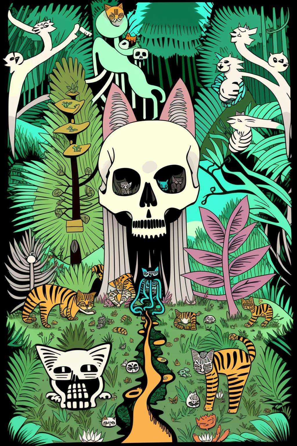 mindwarp ,  a cartoon of a skeleton surrounded by plants and animals in the woods with a cat on top of a skull,  Asaf Hanu...