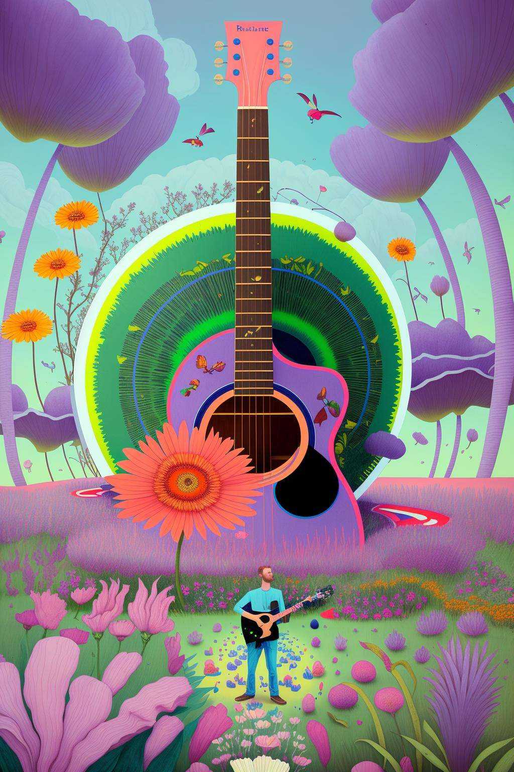 mindwarp ,  a painting of a guitar in a field of flowers and plants with a man playing the guitar in the background,  Chri...