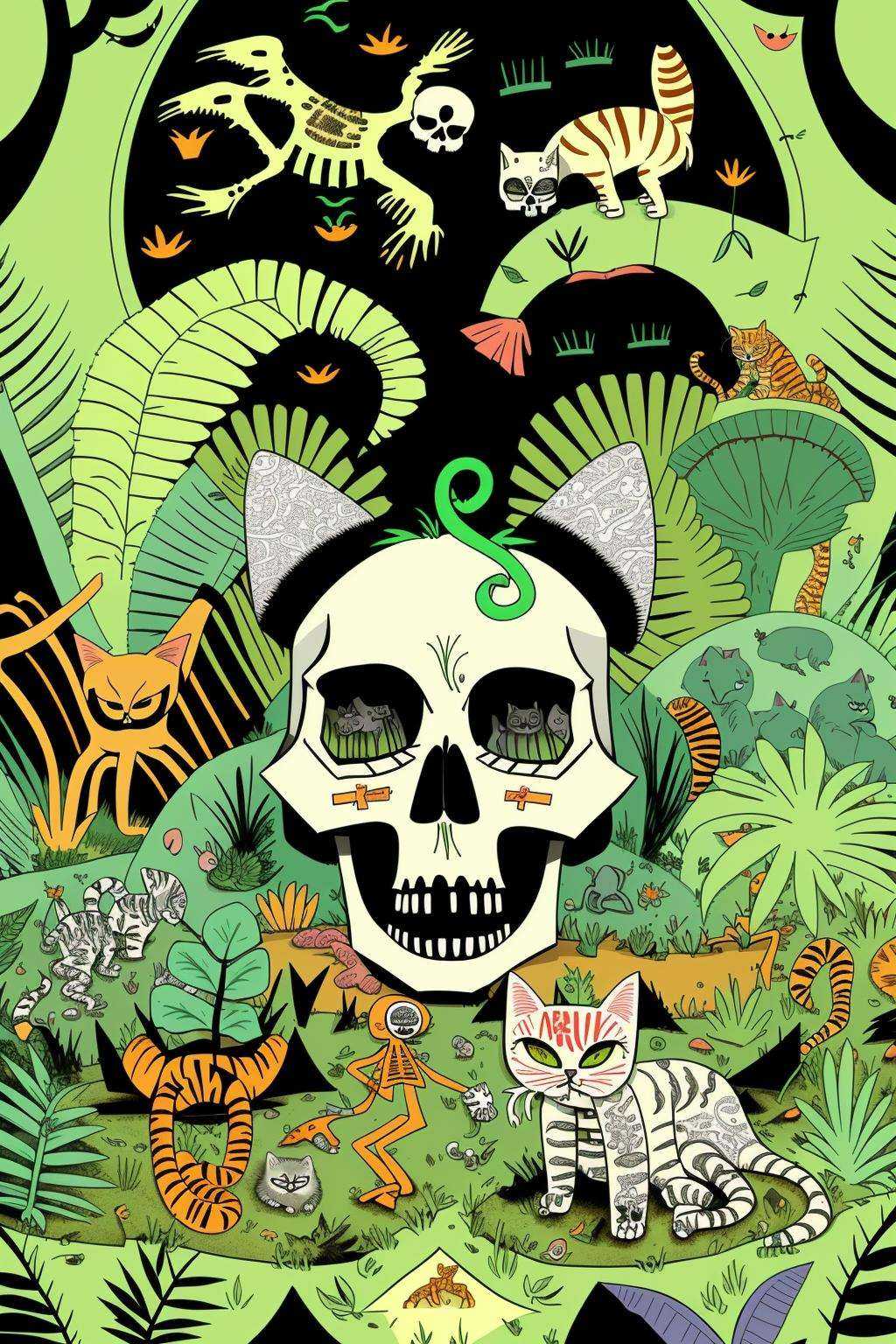 mindwarp ,  a cartoon of a skeleton surrounded by plants and animals in the woods with a cat on top of a skull,  Asaf Hanu...