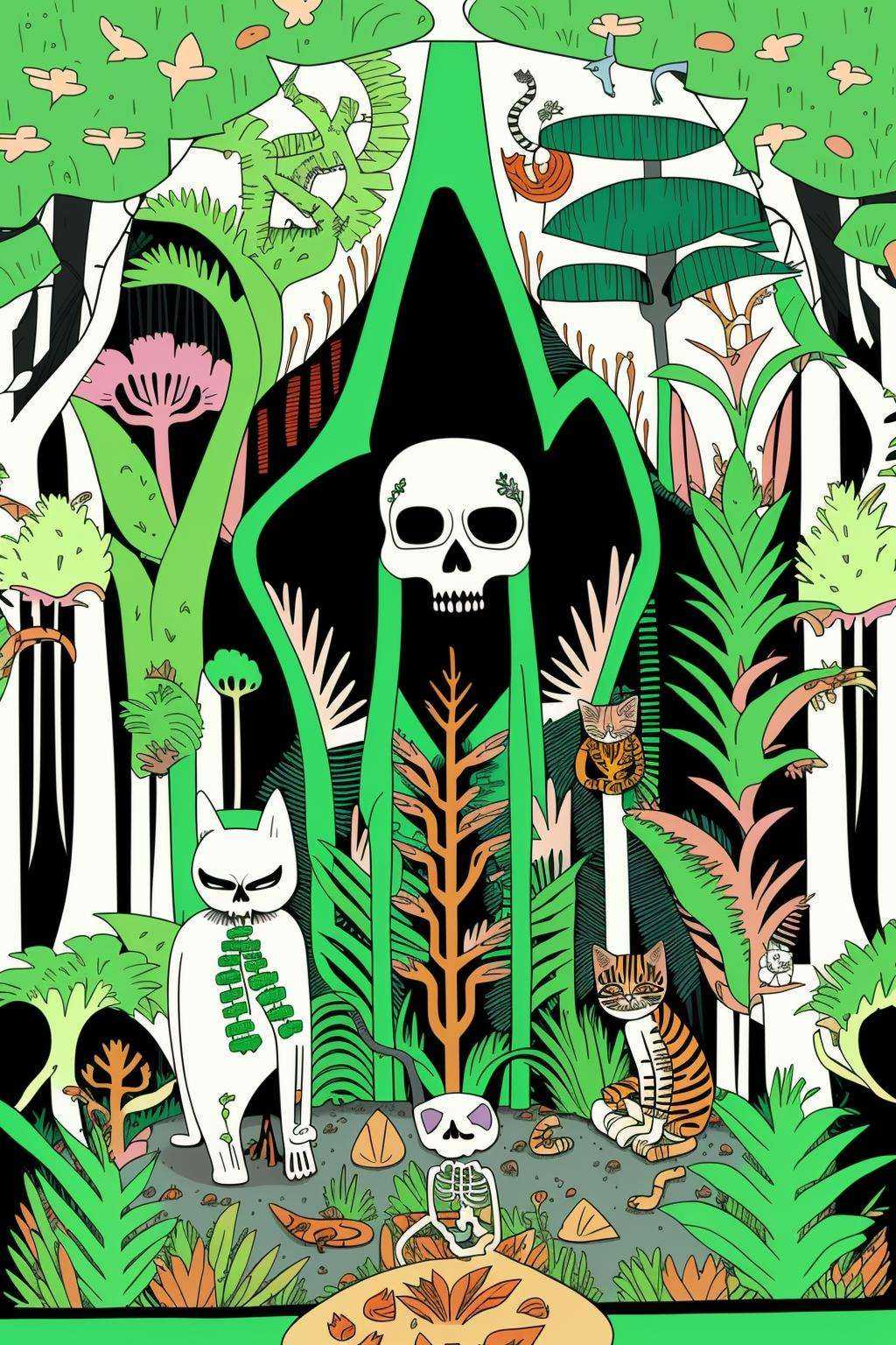 mindwarp ,  a cartoon of a skeleton surrounded by plants and animals in the woods with a cat on top of a skull,  Asaf Hanu...