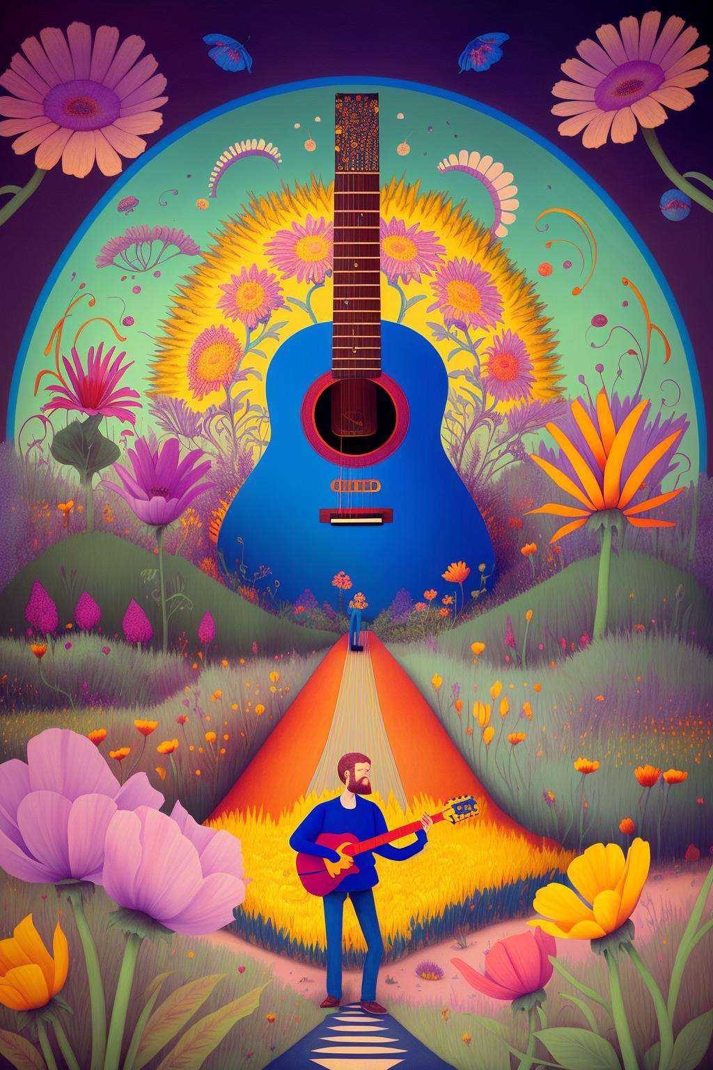 mindwarp ,  a painting of a guitar in a field of flowers and plants with a man playing the guitar in the background,  Chri...