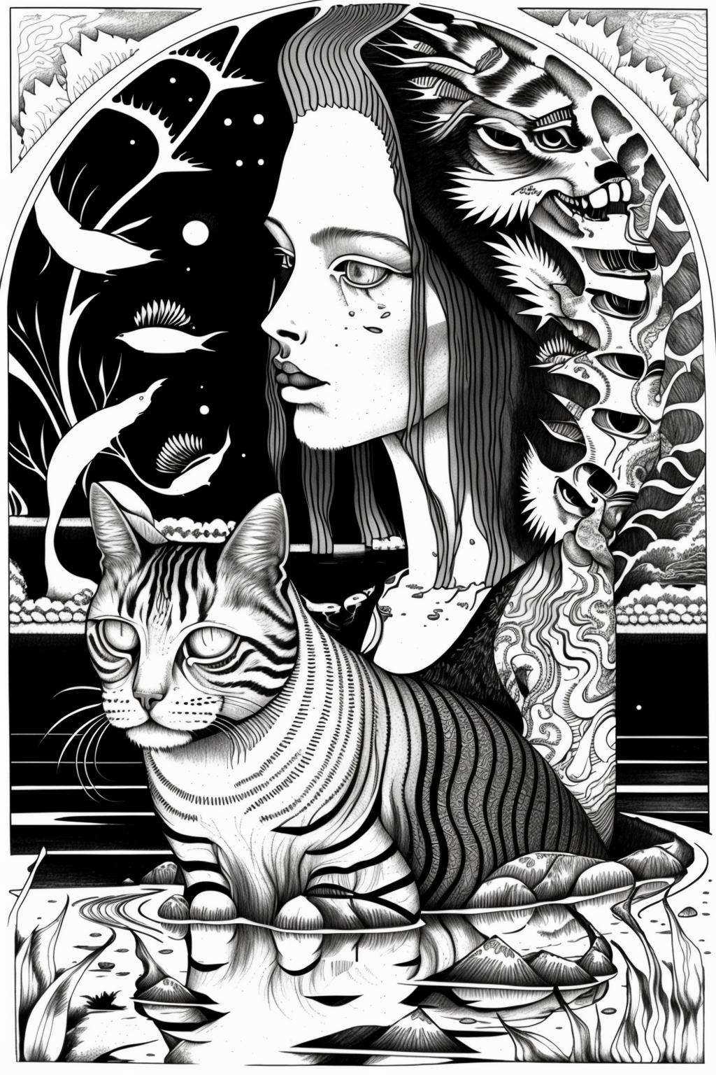 mindwarp ,  a drawing of a person laying on a body of water with a cat on his shoulder and a dog on his shoulder,  Dan Hil...