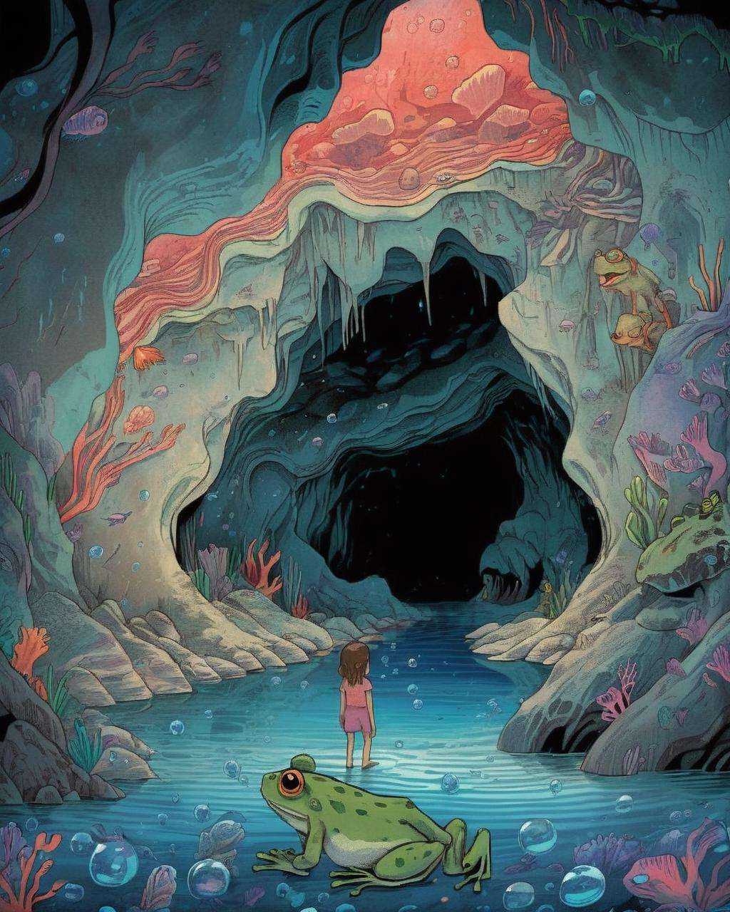 a child looking at a frog in a cave with a woman looking at it from the bottom of the cave,  Diego Gisbert Llorens,  josan...