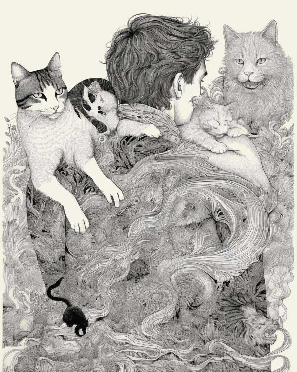a drawing of a person laying on a body of water with a cat on his shoulder and a dog on his shoulder,  Dan Hillier,  intri...