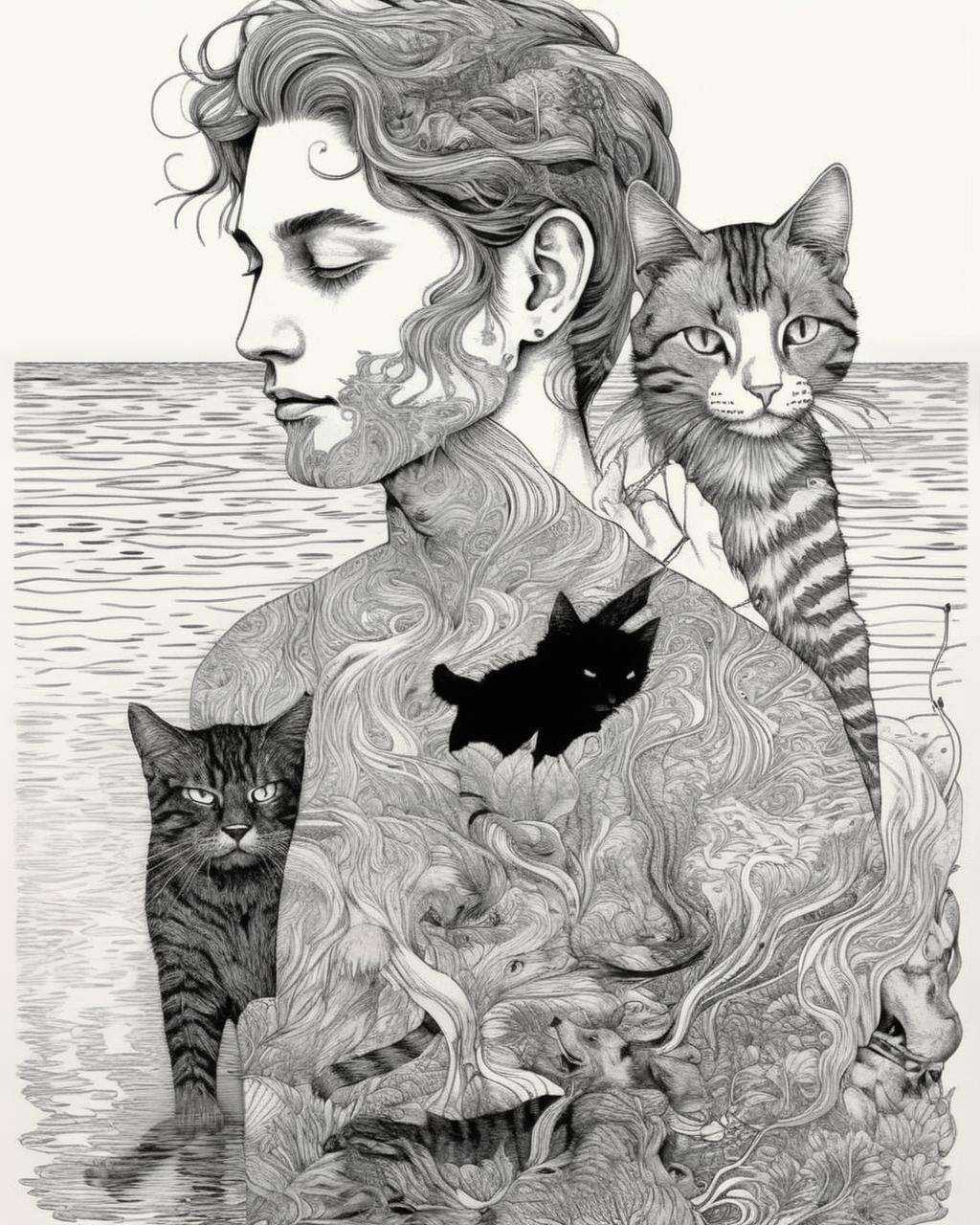 a drawing of a person laying on a body of water with a cat on his shoulder and a dog on his shoulder,  Dan Hillier,  intri...