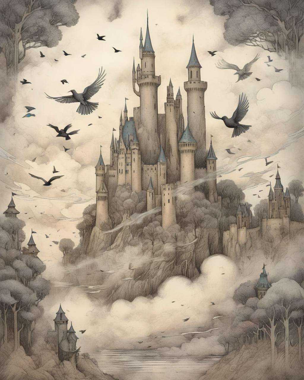 a drawing of a castle with birds flying around it and a castle in the background with a lot of trees,  Daniel Merriam,  aa...