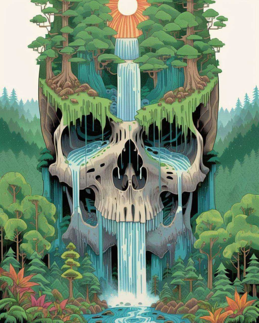 a skull with a waterfall in the middle of it and trees on top of it,  and a forest in the background,  Chris LaBrooy on Te...