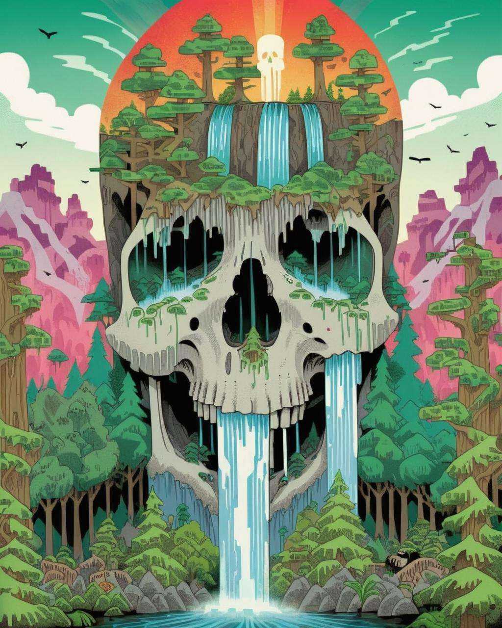 a skull with a waterfall in the middle of it and trees on top of it,  and a forest in the background,  Chris LaBrooy on Te...