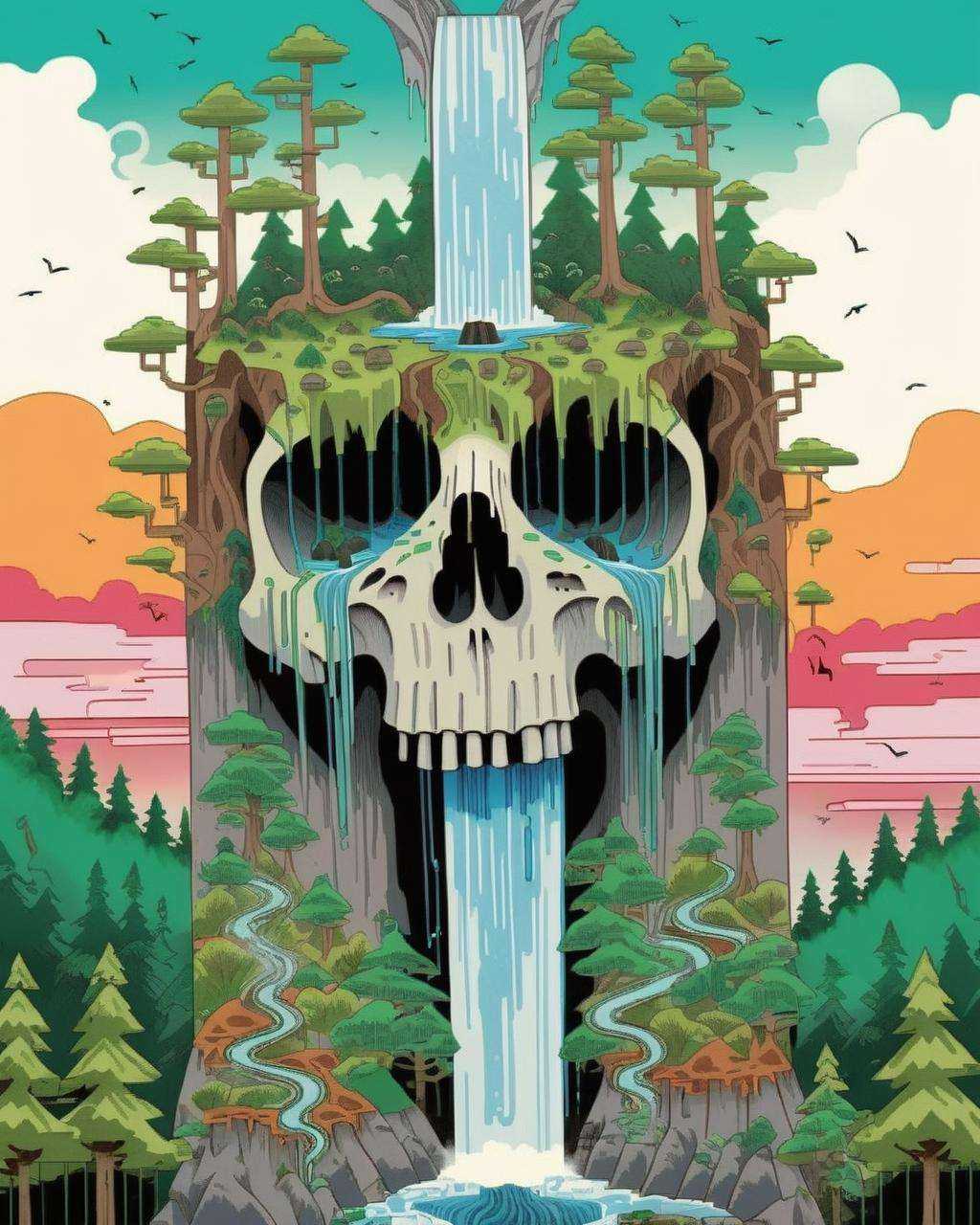 a skull with a waterfall in the middle of it and trees on top of it,  and a forest in the background,  Chris LaBrooy on Te...