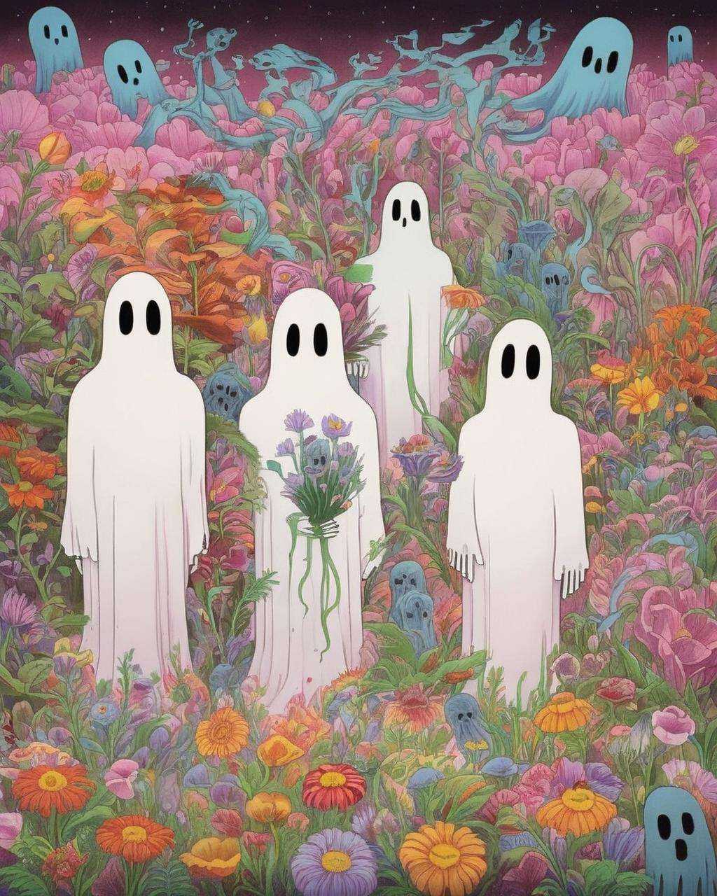 a painting of ghosts a field of flowers and plants,  Chris LaBrooy,  detailed illustration on Tensor.Art