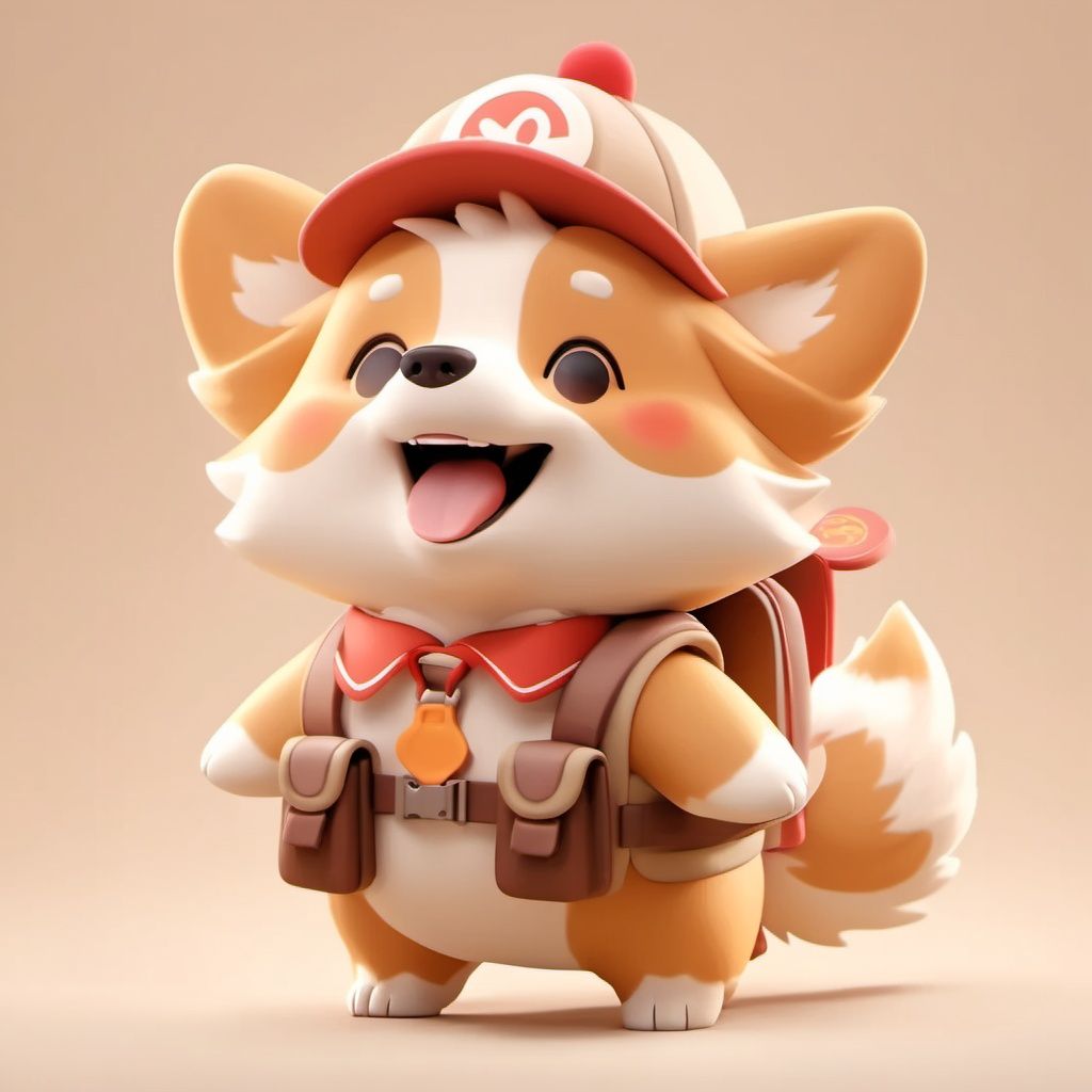 MG_ip,Pixar,backpack, open mouth, bag, hat, smile, no humans, blush, full body, brown eyes, tail, standing, dog, solo, dog ears, randoseru, animal ears, teeth, simple background, red headwear, corgi, A dog, <lora:EMS-30003-EMS:1>