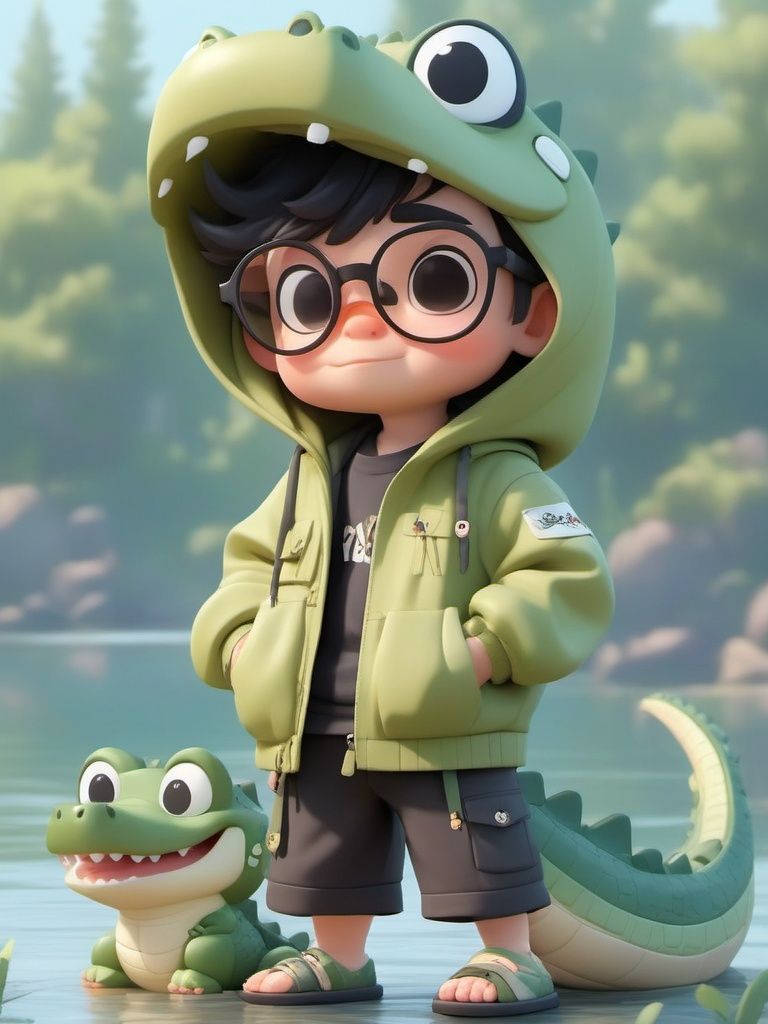 pixar,1boy,male focus,solo,light_eyes,glasses,hood,centre parting bangs,wearing a crocodile suit,hands in pockets,black hair,black-framed eyewear,jacket,chibi,hood up,shirt,blush,pants,hoodie,standing,hooded jacket,<lora:IP-000007:1>,(outdoors:1.2),standing by the lake,crocodile slippers,